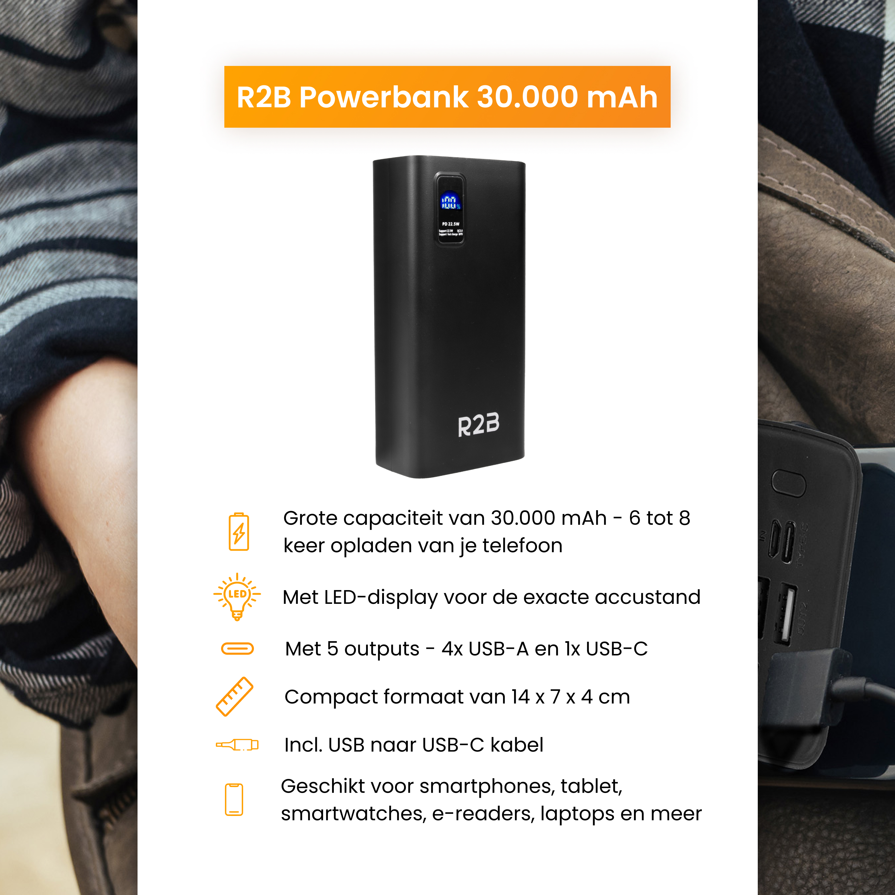 Une batterie externe noire avec un écran, des fonctionnalités et des détails de capacité. Montre les ports USB et USB-C.