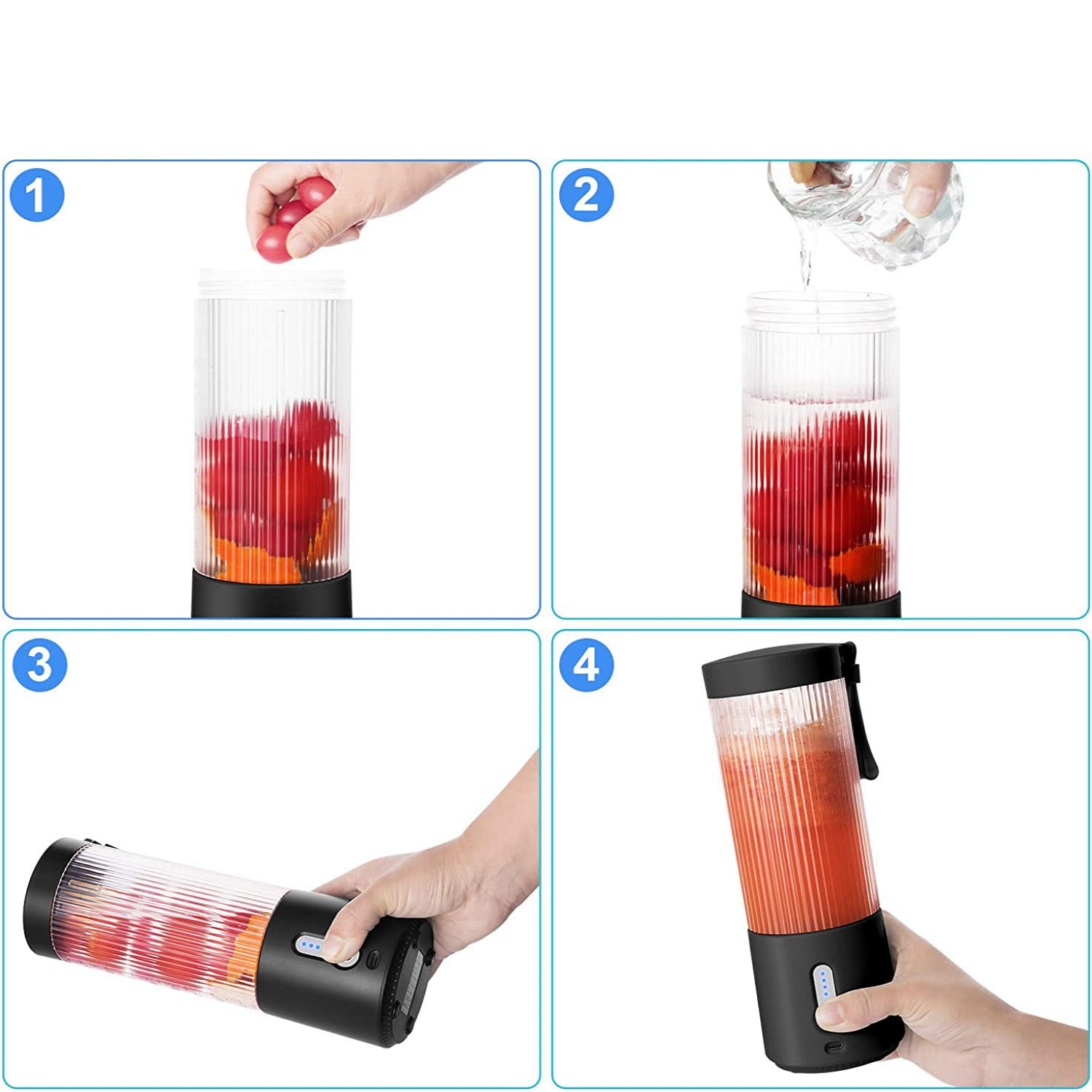 Vier Bilder zeigen die Schritte des Mixens: Hinzufügen von Früchten, Wasser, Mixen und Saft. Blauer Hintergrund.