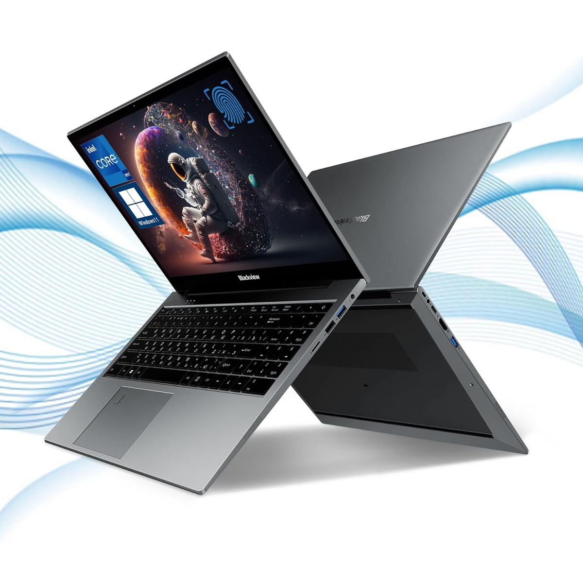 Ein Laptop mit einer Weltraumszene auf dem Bildschirm. Der Laptop ist teilweise geöffnet. Es hat einen Fingerabdrucksensor.