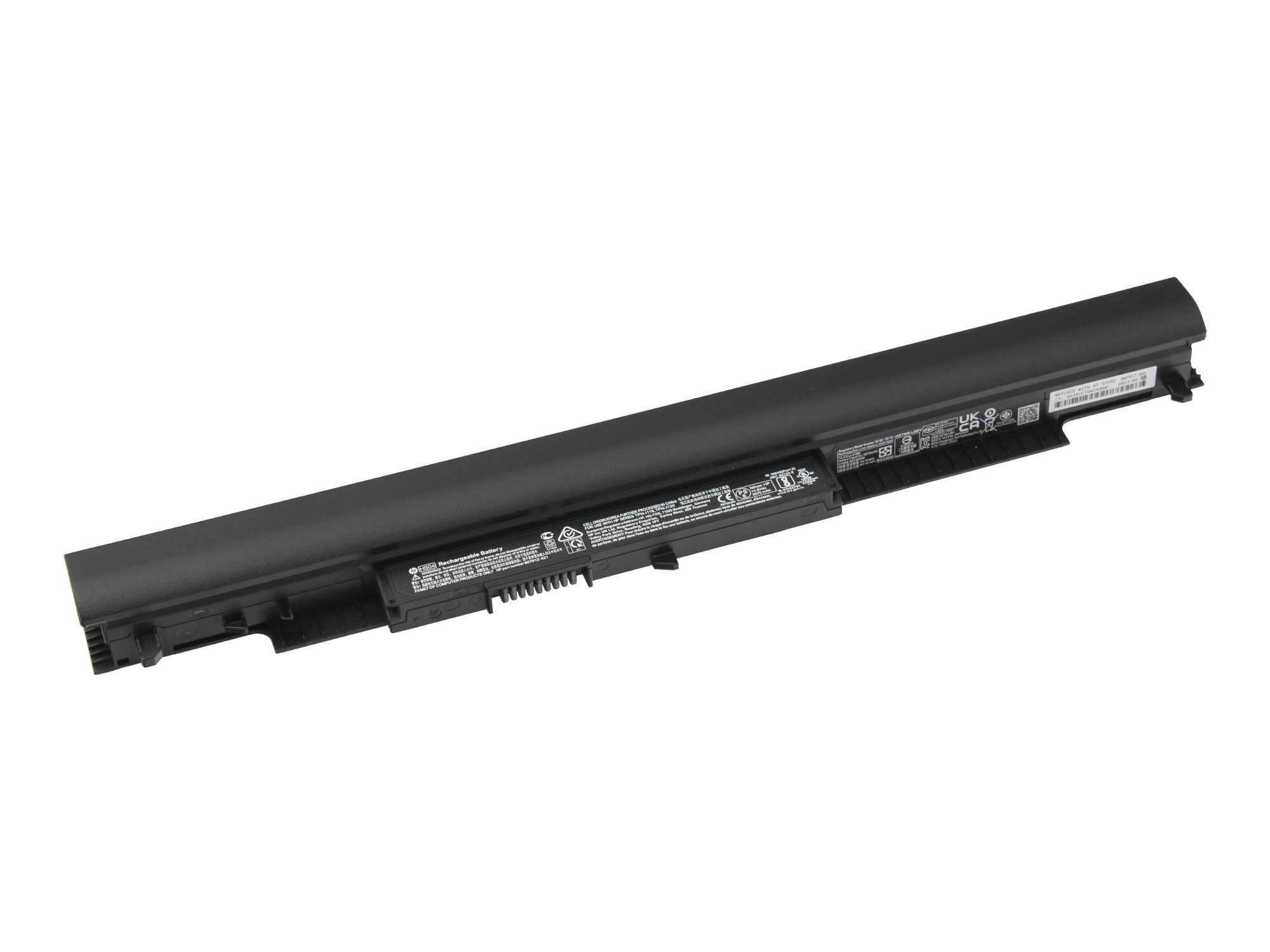 Schwarzer Laptop-Akku. Er ist rechteckig mit mehreren Etiketten auf weißem Hintergrund.