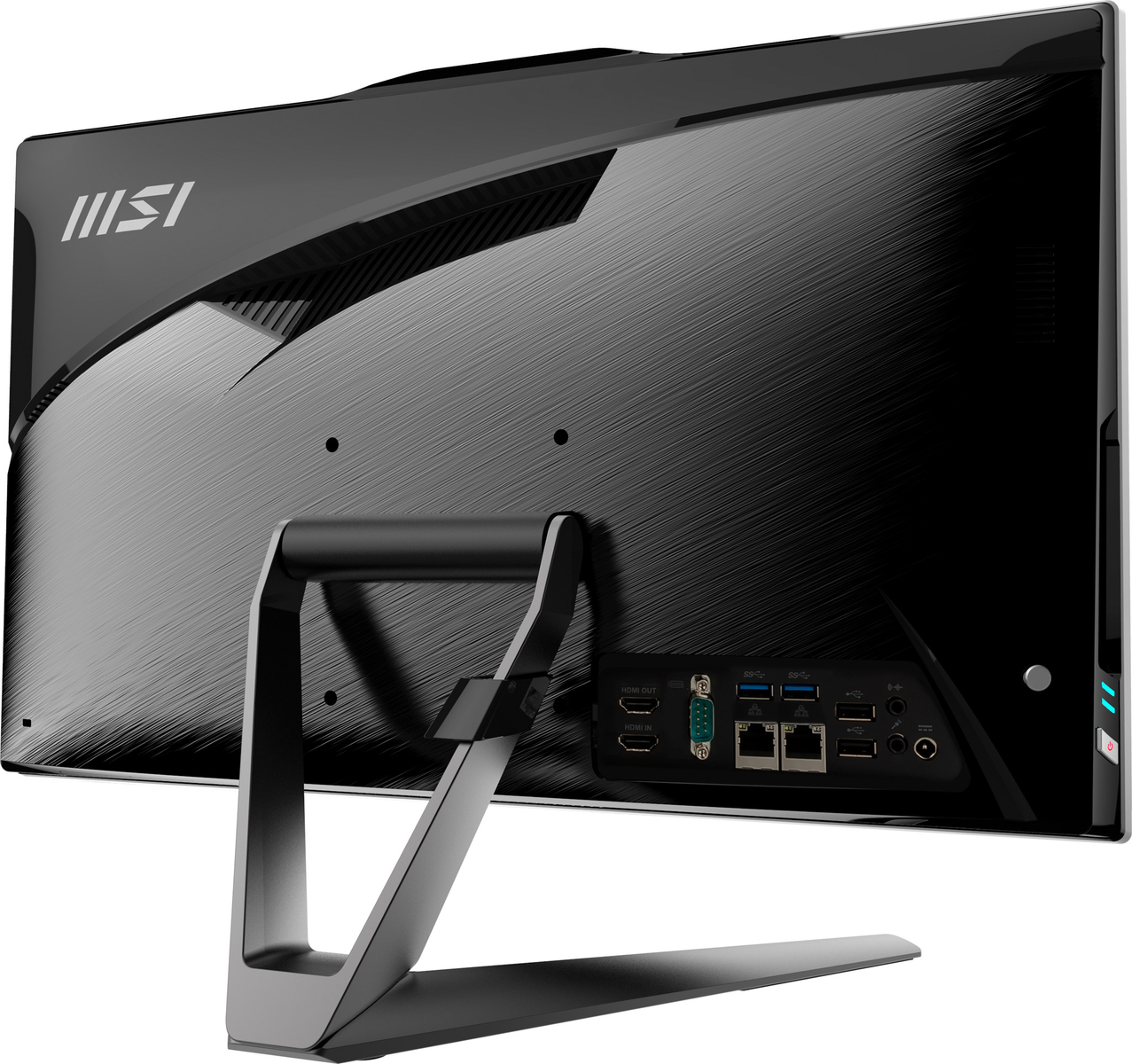 Widok z tyłu komputera MSI all-in-one. Widoczne porty i podstawa. Czarno-srebrny design.