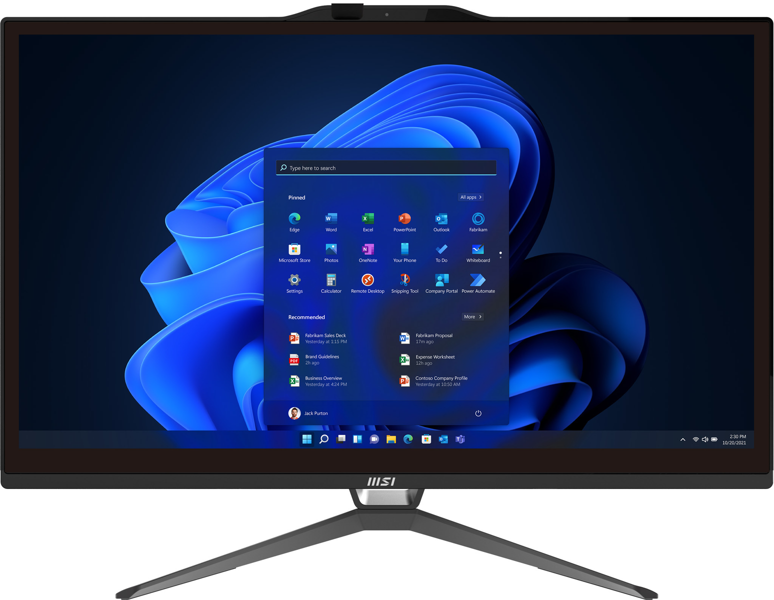 Komputer MSI all-in-one z ciemnoniebieskim interfejsem Windows 11 i czarną ramką.
