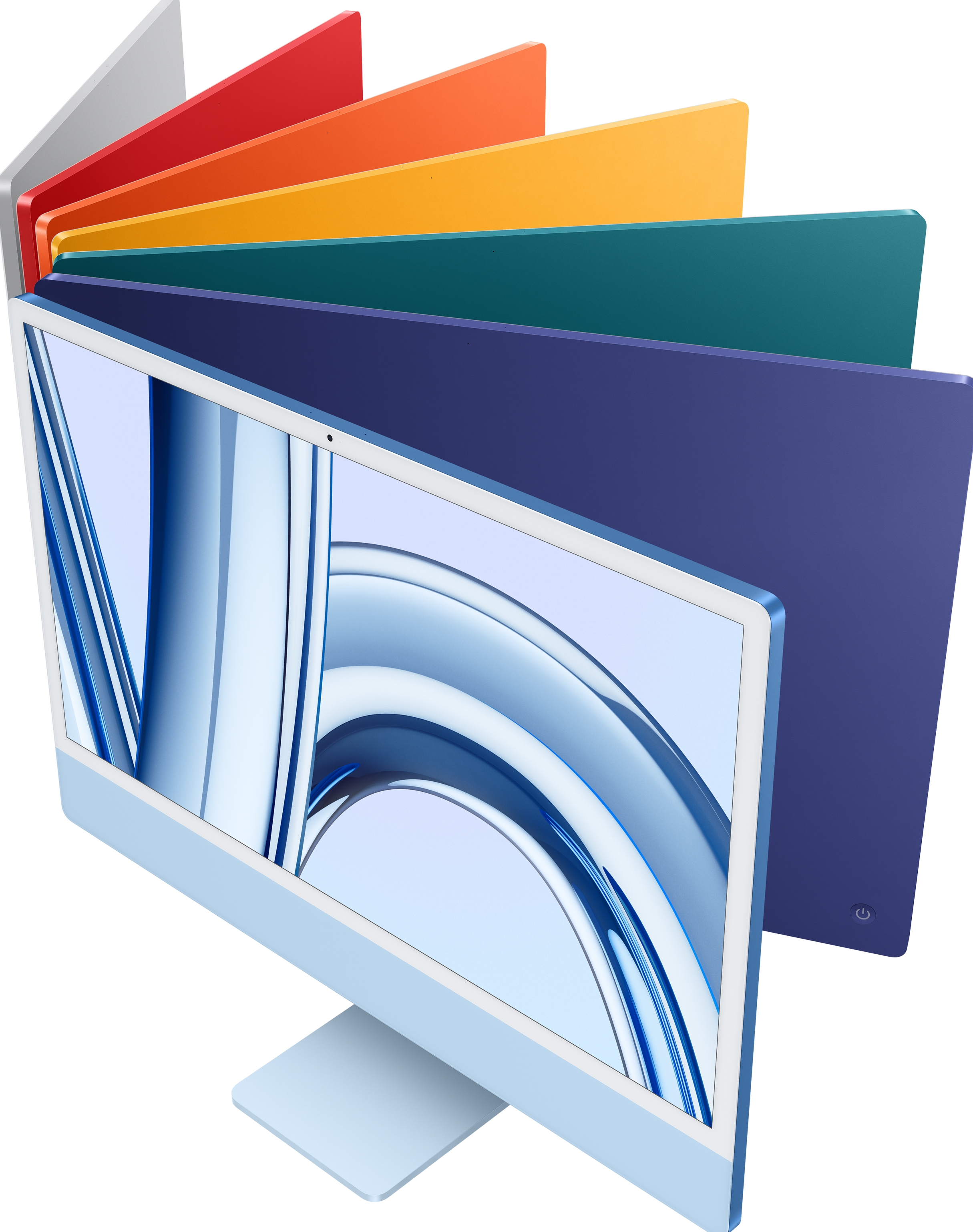 Kolorowy iMac Apple z różnymi kolorowymi obudowami, na białym tle.