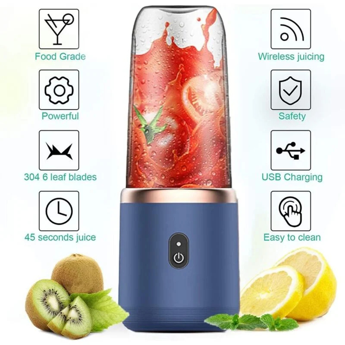 Blauer tragbarer Mixer mit Früchten und Textbeschriftungen. Kiwi- und Zitronenscheiben sind vorhanden. Weißer Hintergrund.