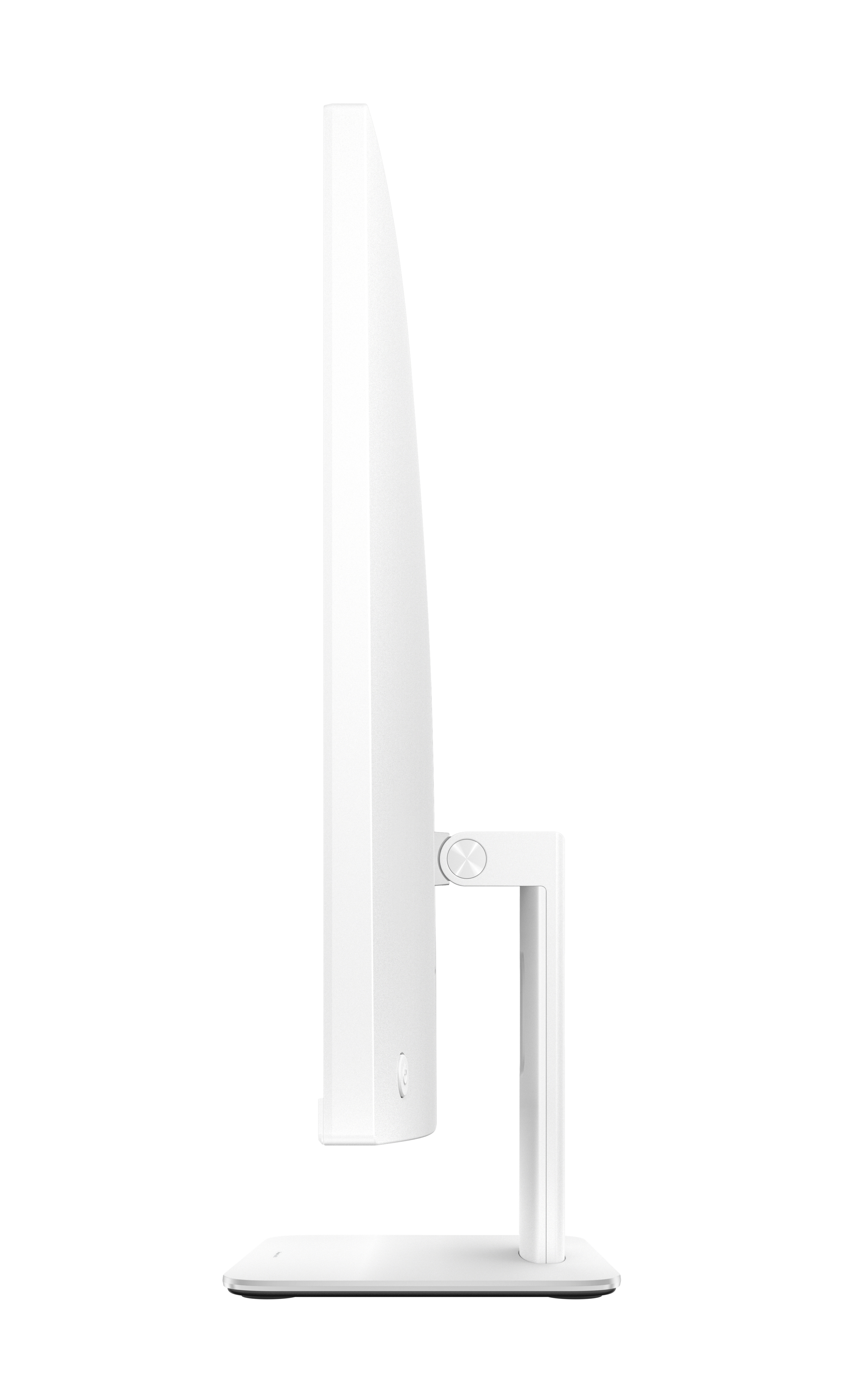 Biały komputer all-in-one, widok z boku. Biały kolor. Białe tło.