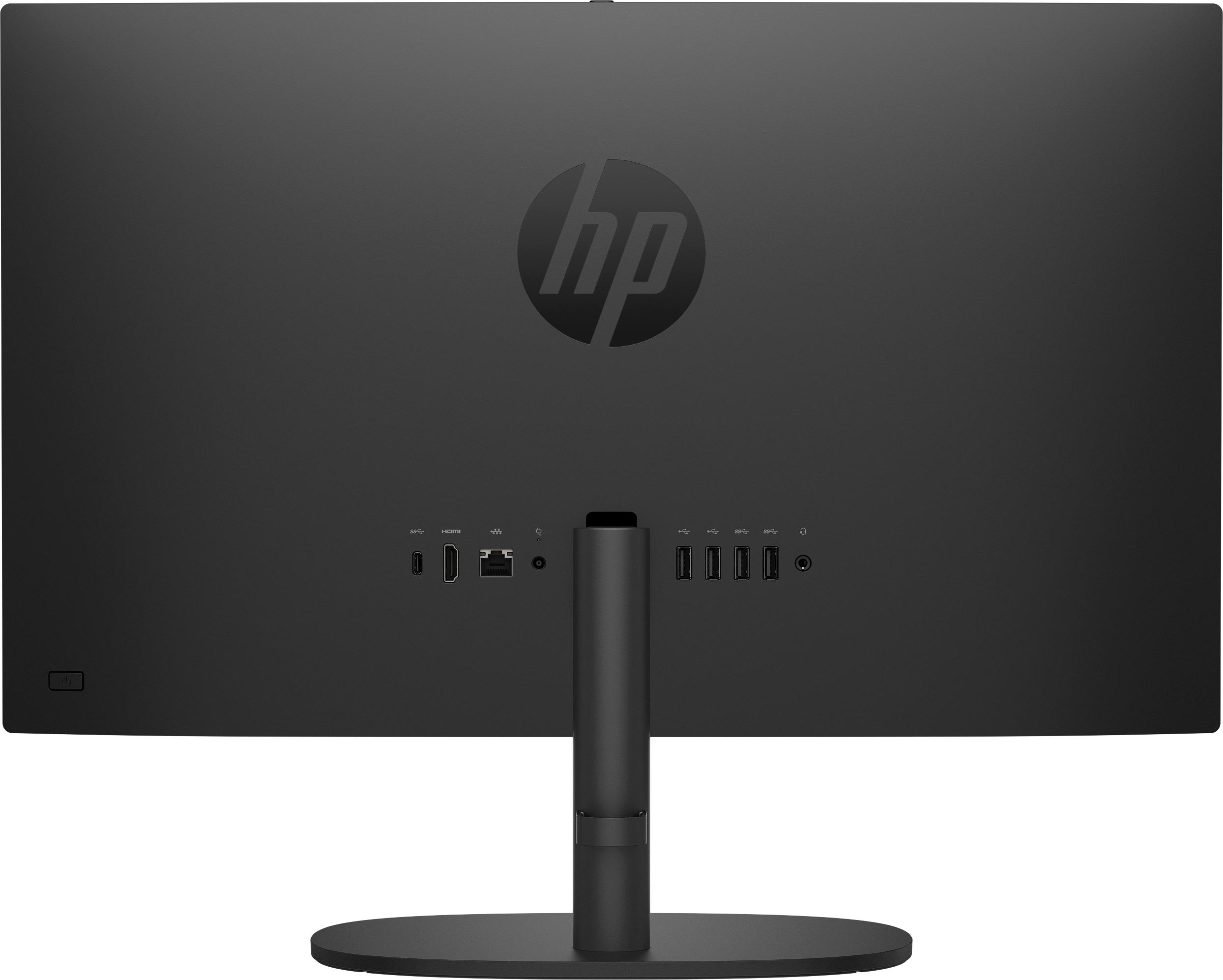 Tył czarnego komputera HP all-in-one z logo HP i różnymi portami.