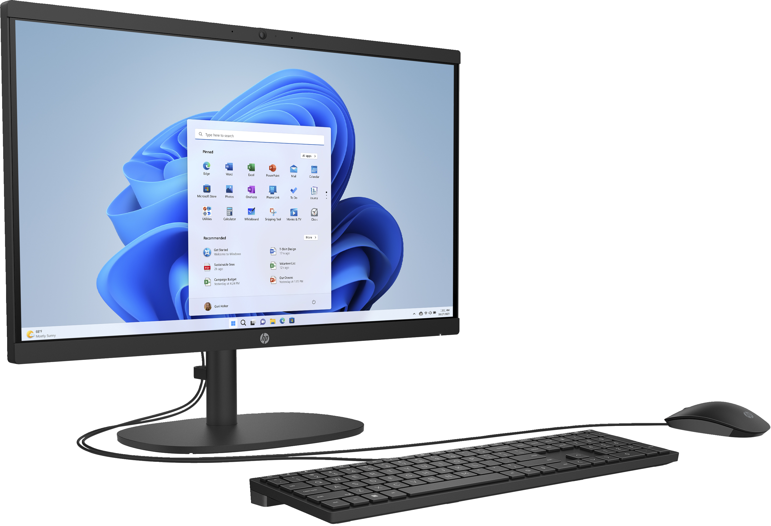 Czarny komputer HP all-in-one z interfejsem Windows 11, klawiaturą i myszą.