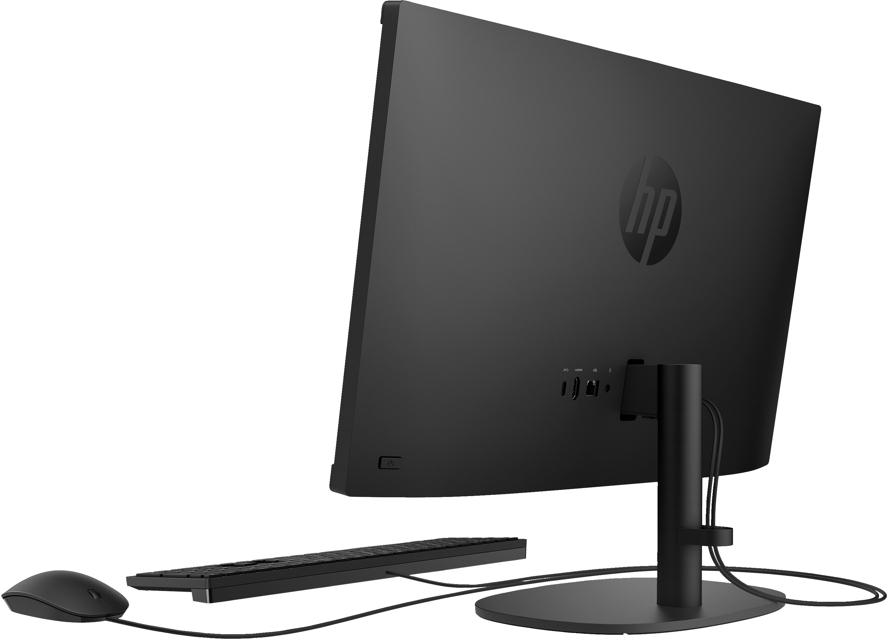 Widok z tyłu czarnego komputera HP all-in-one, pokazujący porty i logo HP.