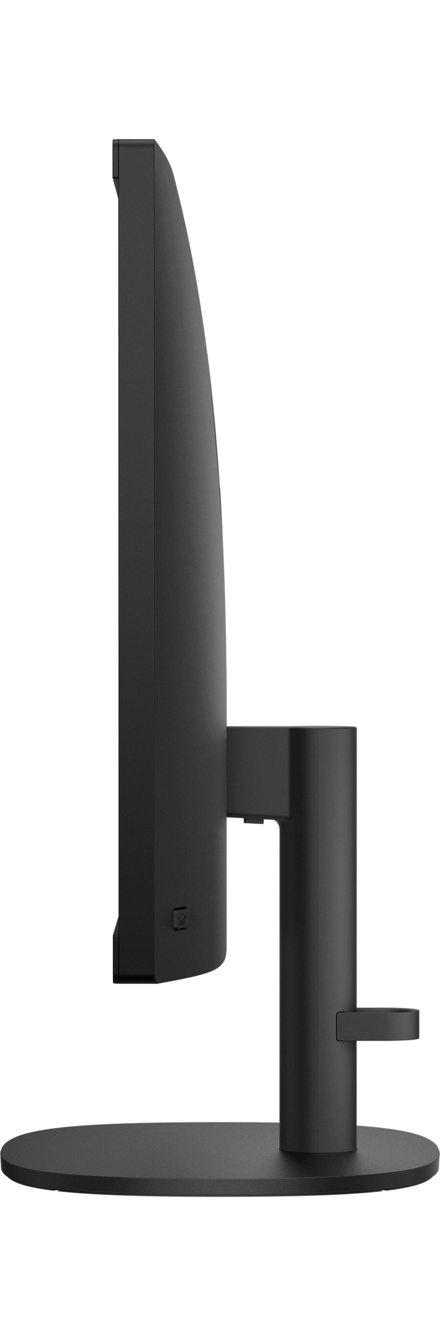 Widok z boku czarnego monitora na czarnej podstawie, z białym tłem.