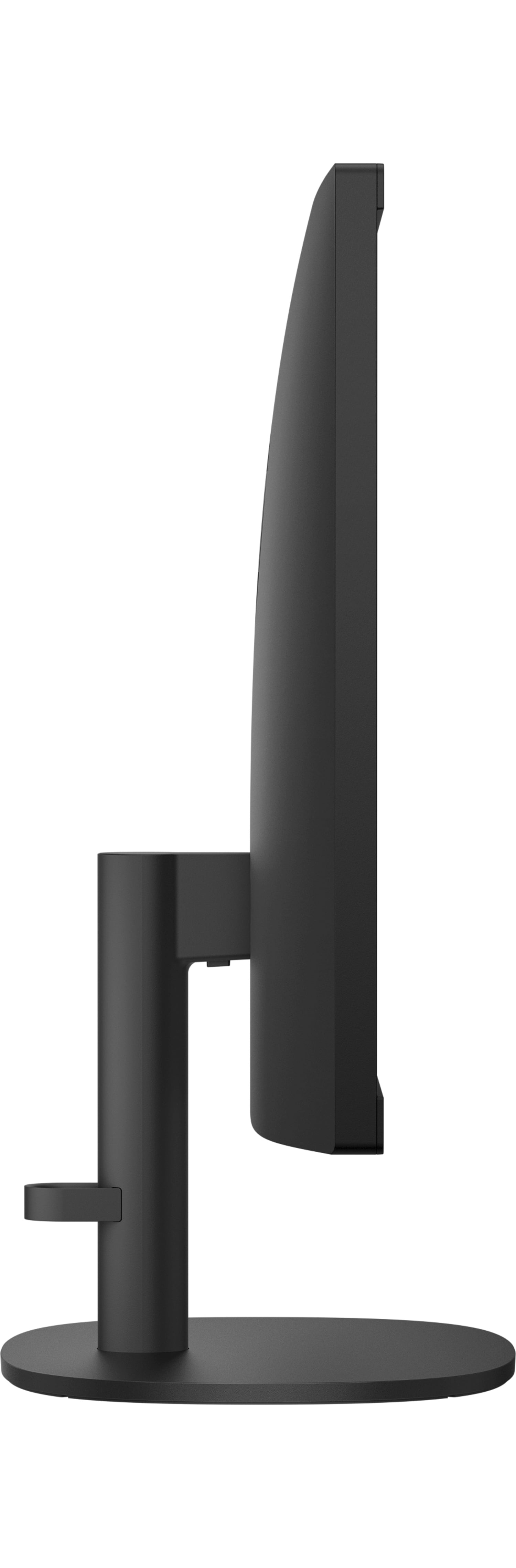 Widok z boku czarnego monitora z podstawą i czarną ramką.