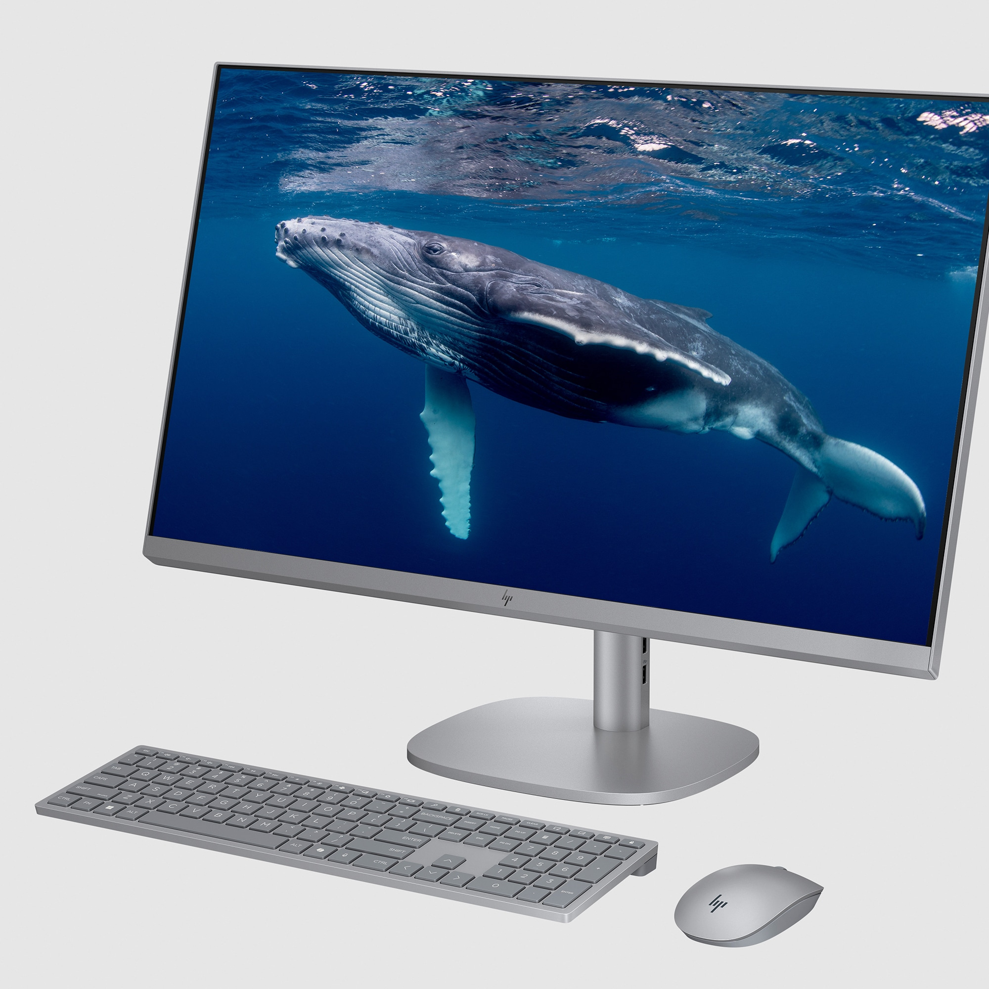 Ordinateur tout-en-un HP argenté avec clavier et souris. L'écran affiche une baleine dans l'océan.