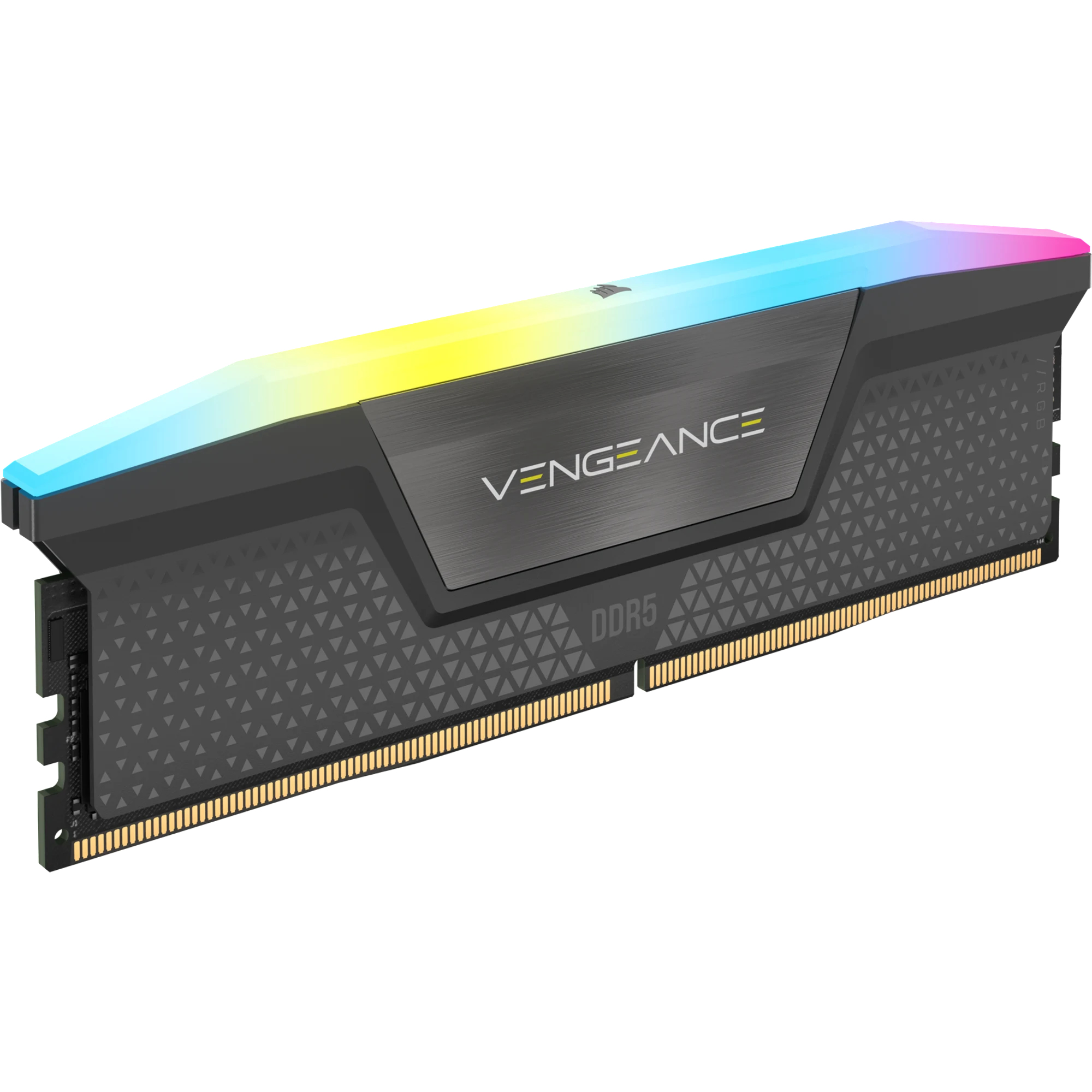 Moduł RAM Corsair Vengeance DDR5 z podświetleniem RGB. Szaro-czarny design. Białe tło.