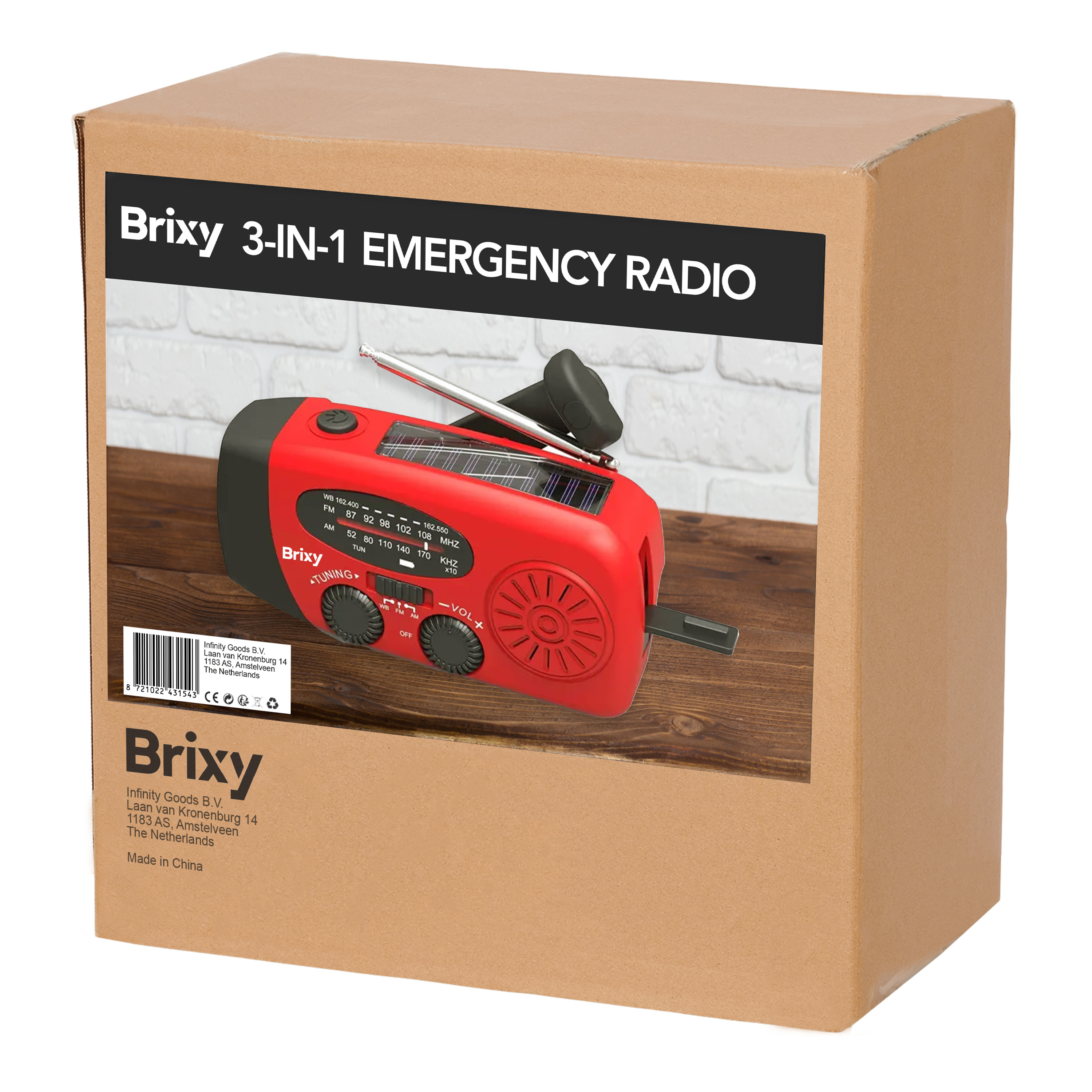 Cardboard box with a red emergency radio. It has a solar panel and a black antenna.