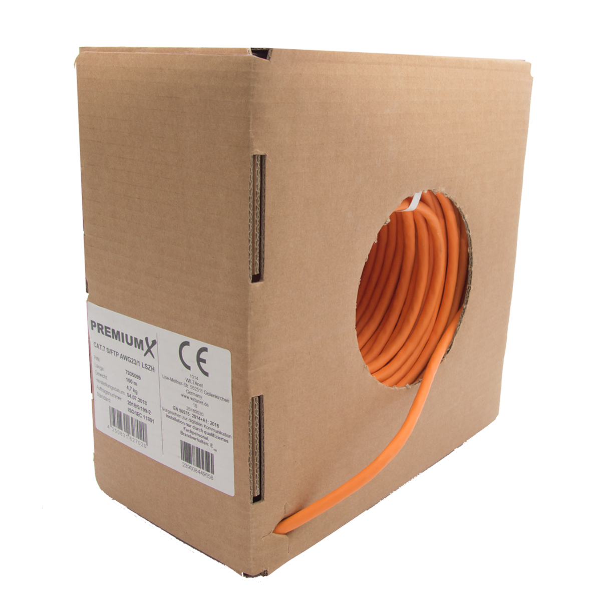 Karton mit orangefarbenem Kabel und Text, CE-Zeichen und Produktdetails.