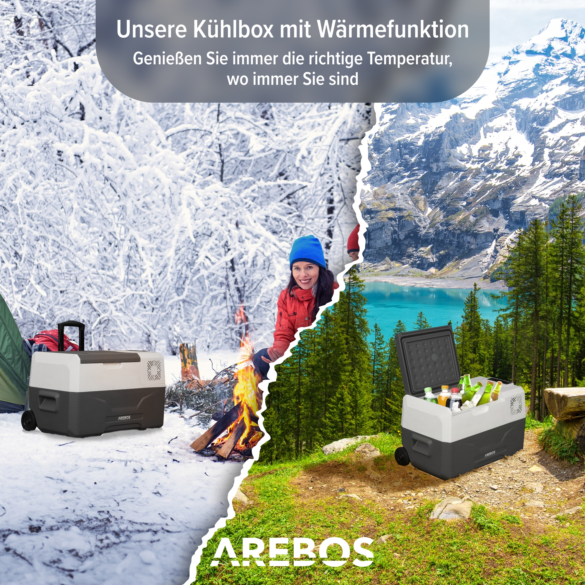 Eine Kühlbox im Winter- und Sommermodus, mit deutschem Text.