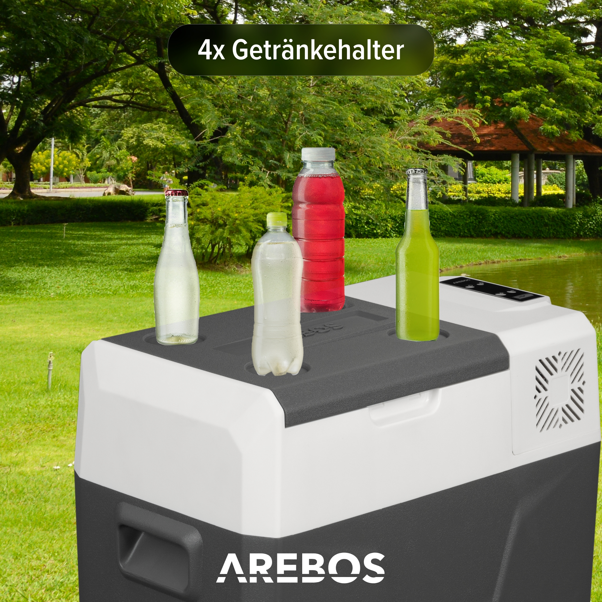 Eine Kühlbox mit 4 Getränken. Getränke sind in Flaschen und Dosen.