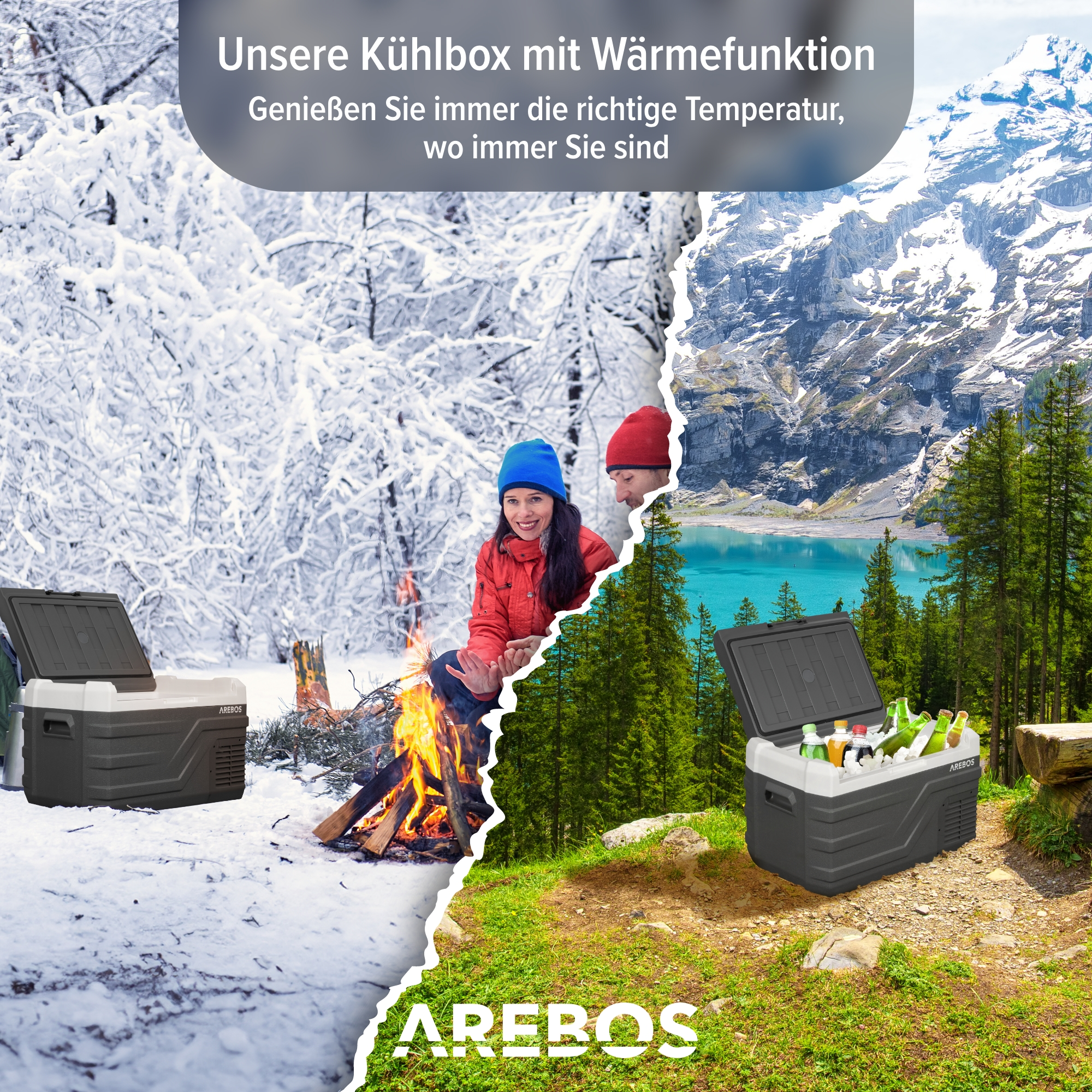 Zwei Kühler, einer im Schnee, einer im Gras. Menschen am Feuer. Verschneite Berge im Hintergrund.
