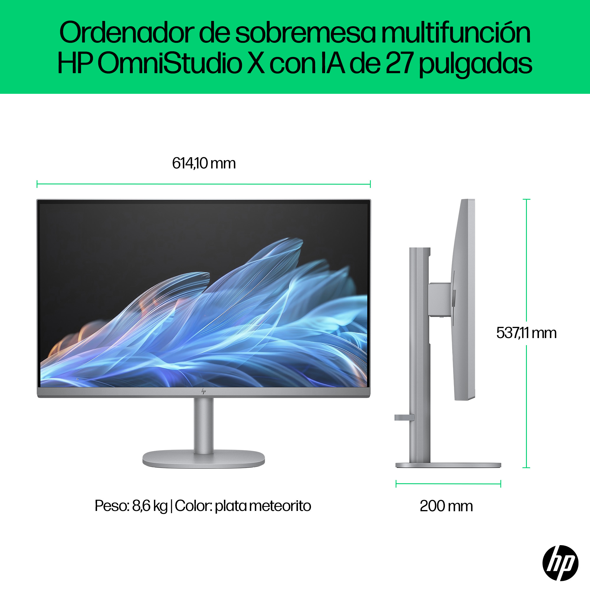 Komputer HP all-in-one, z oznaczonymi wymiarami. Tekst po hiszpańsku.