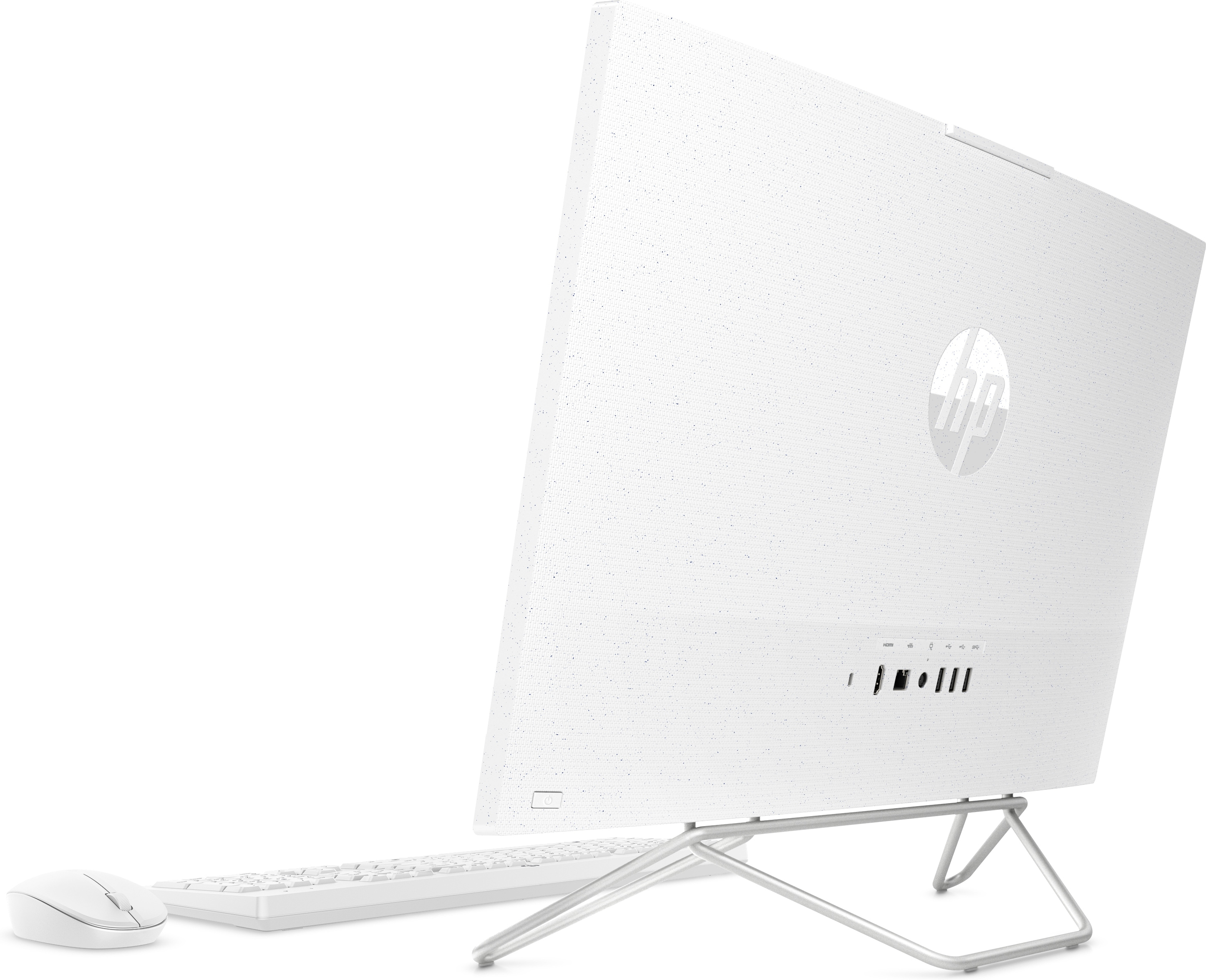 Widok z tyłu białego komputera All-in-One. Klawiatura i mysz są podłączone. Logo HP znajduje się na środku.