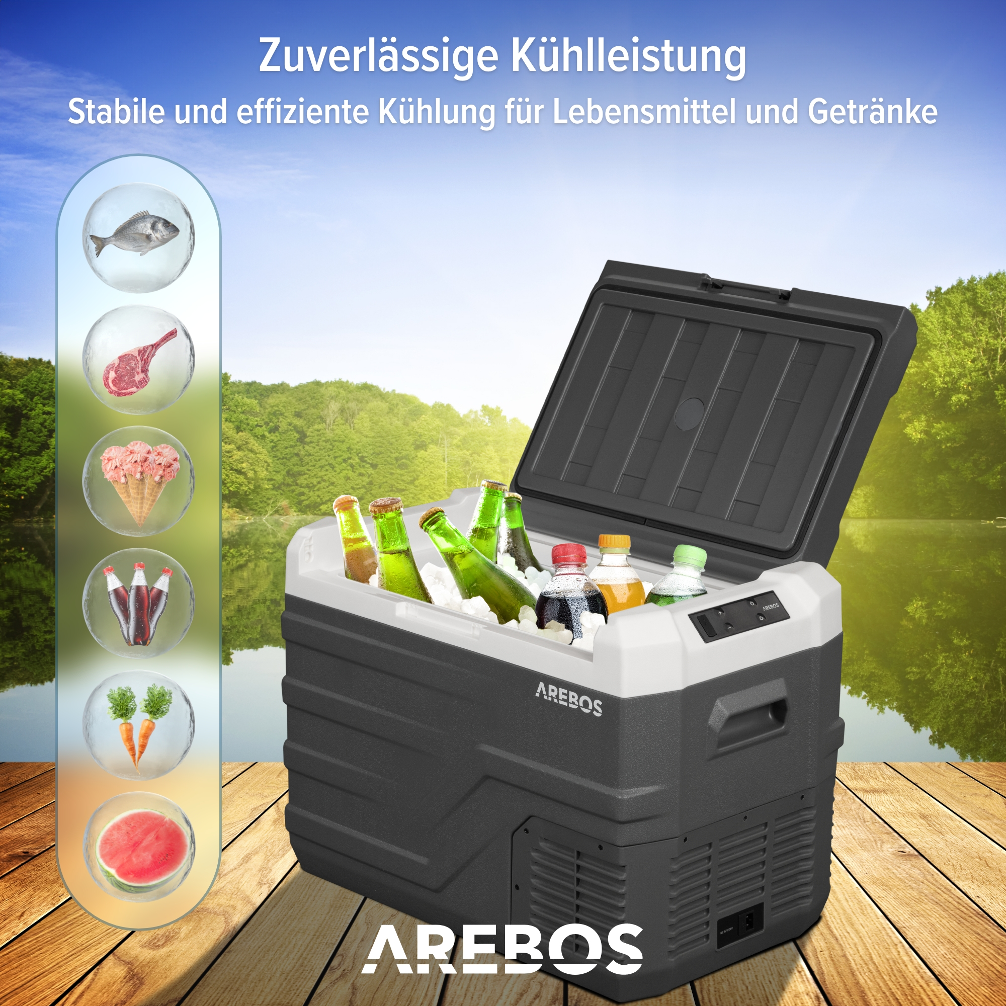 Offener tragbarer Kühler mit Getränken am See. Lebensmittelabbildungen links.