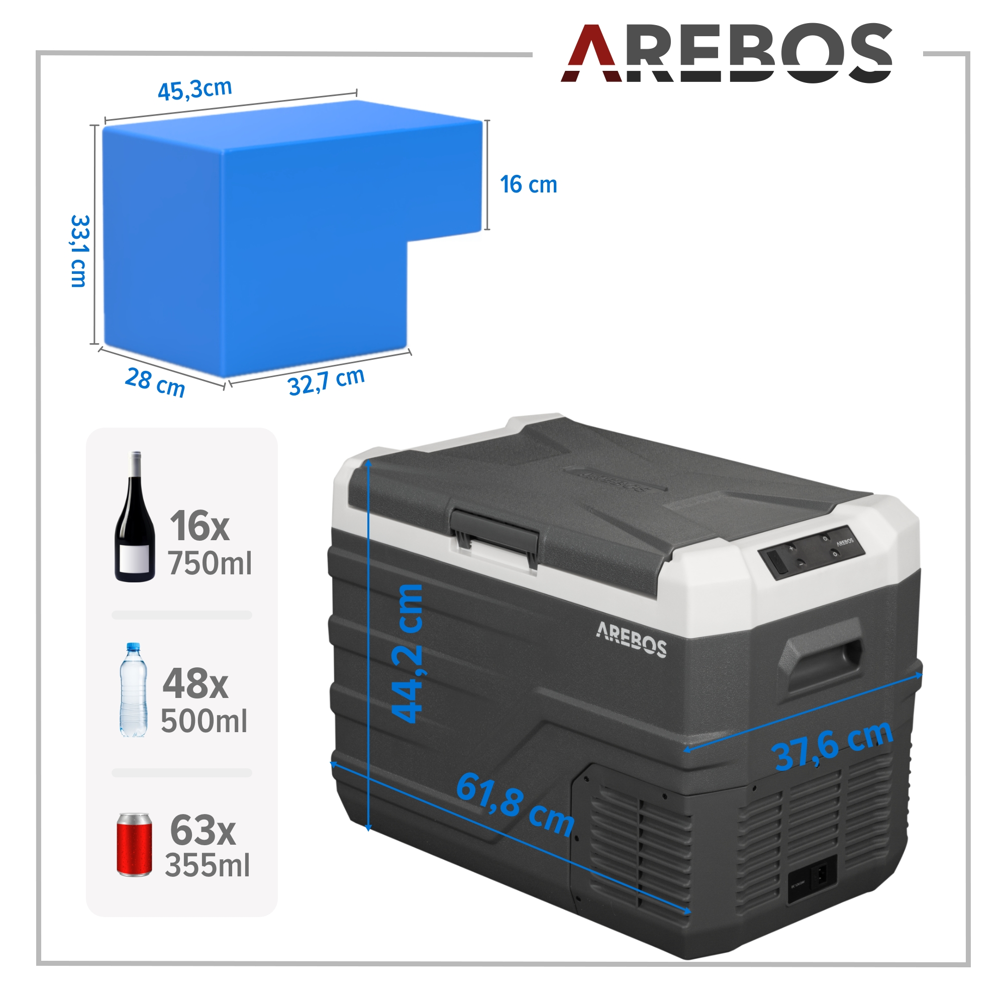 Eine graue Kühlbox mit Maßen und Kapazitätsinformationen und einer blauen Box oben. Das AREBOS-Logo ist sichtbar.