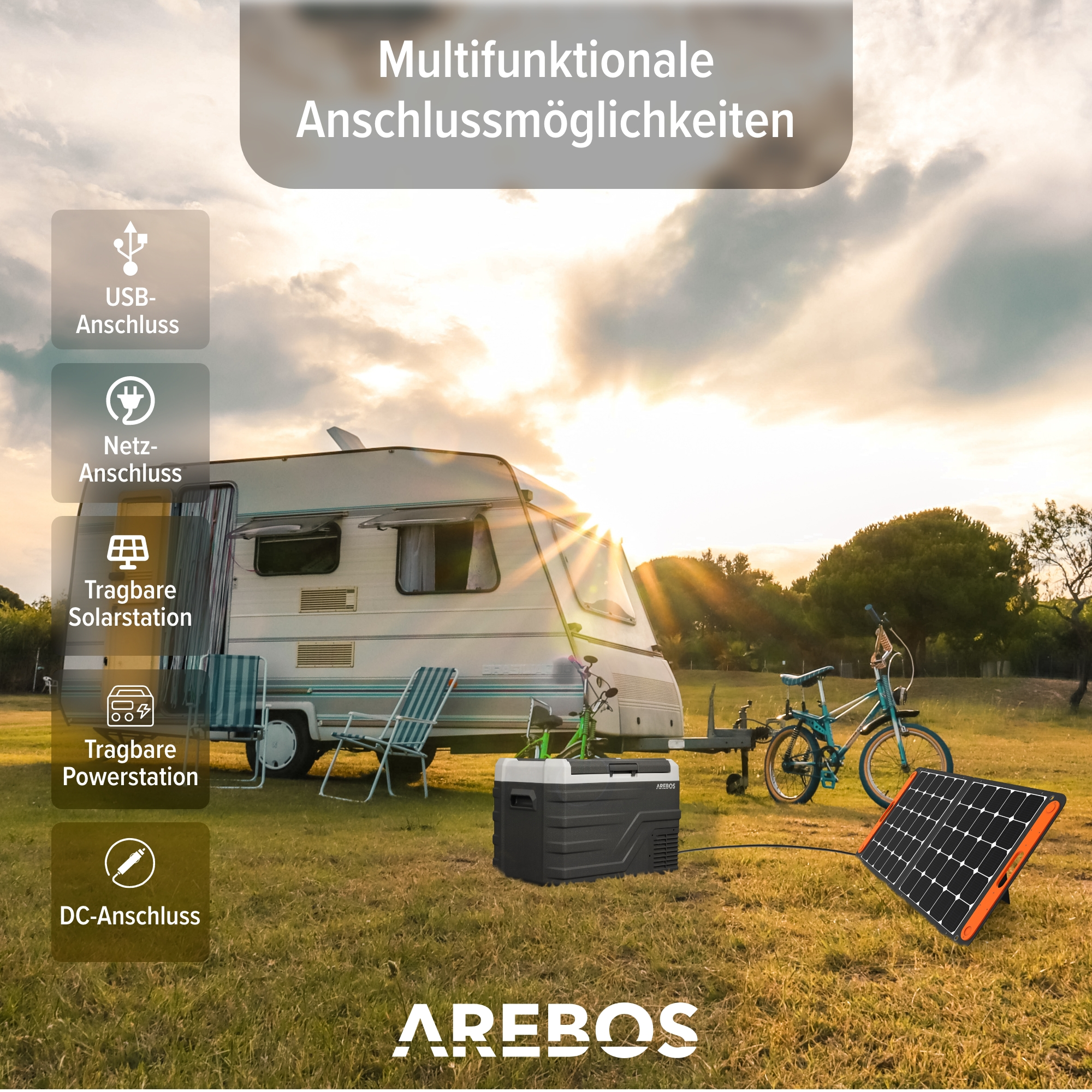 Wohnwagen mit Solarpanel, Fahrrad und einer Powerstation. Sonne im Hintergrund, Gras im Vordergrund.