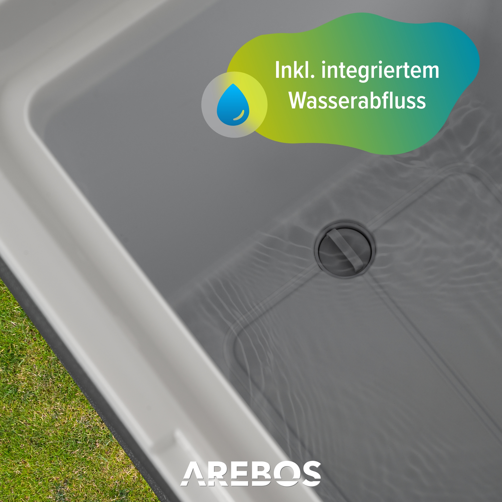 Ein graues rechteckiges Waschbecken mit Abfluss, Text sagt: Inkl. integrierter Wasserablauf.