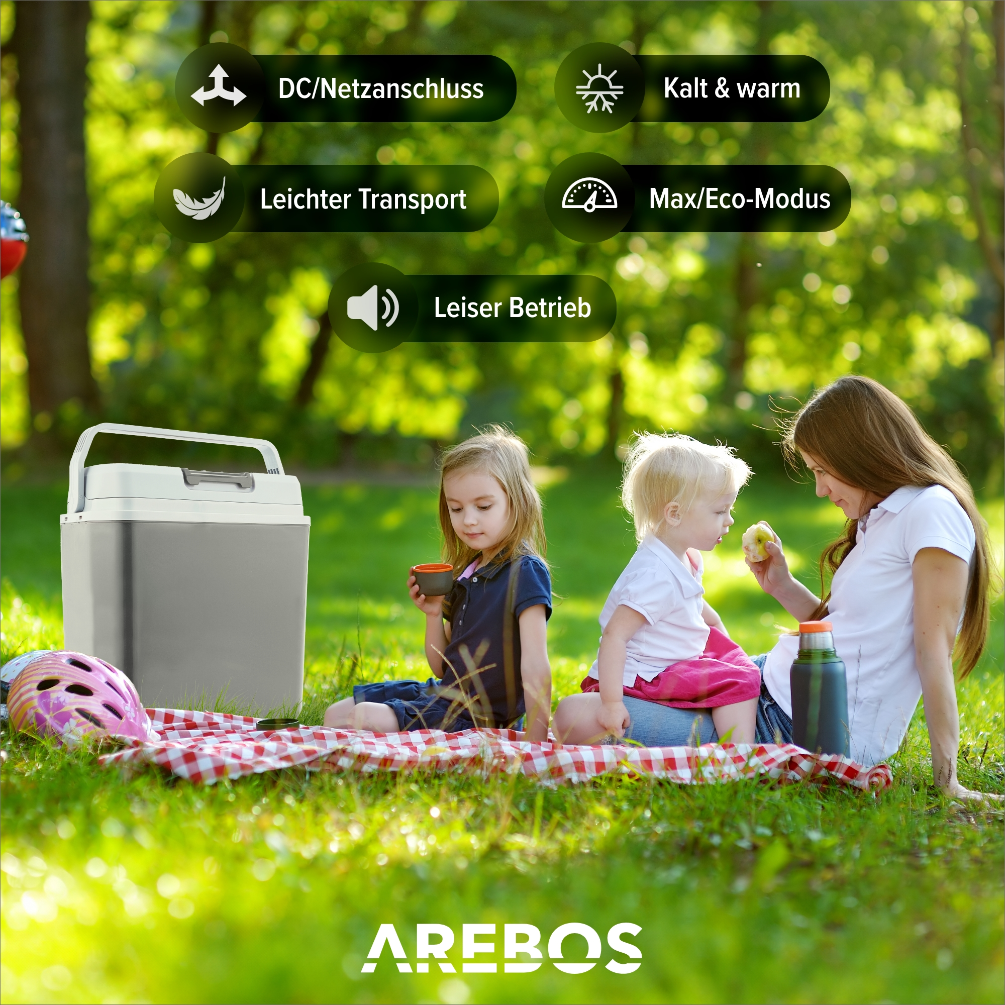 Familie beim Picknick. Kühler mit Symbolen für DC/Netz, kalt/warm, leichter Transport.