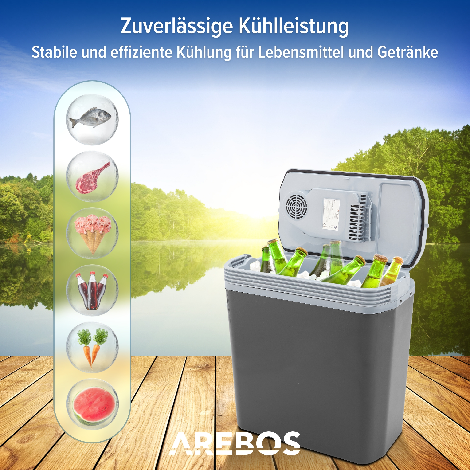 Tragbarer Kühler mit offenem Deckel. Bierflaschen und Eiswürfel innen. Lebensmittel-Illustrationen links.