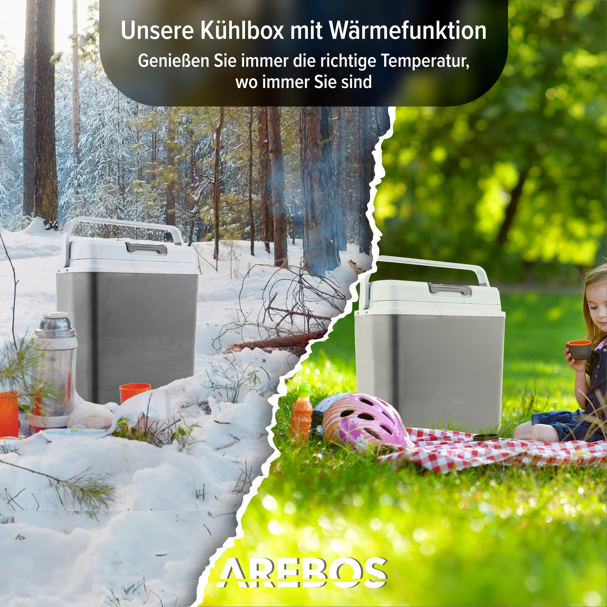Kühlbox in Winter- und Sommerszenen mit Text: 'Unsere Kühlbox mit Wärmefunktion'.