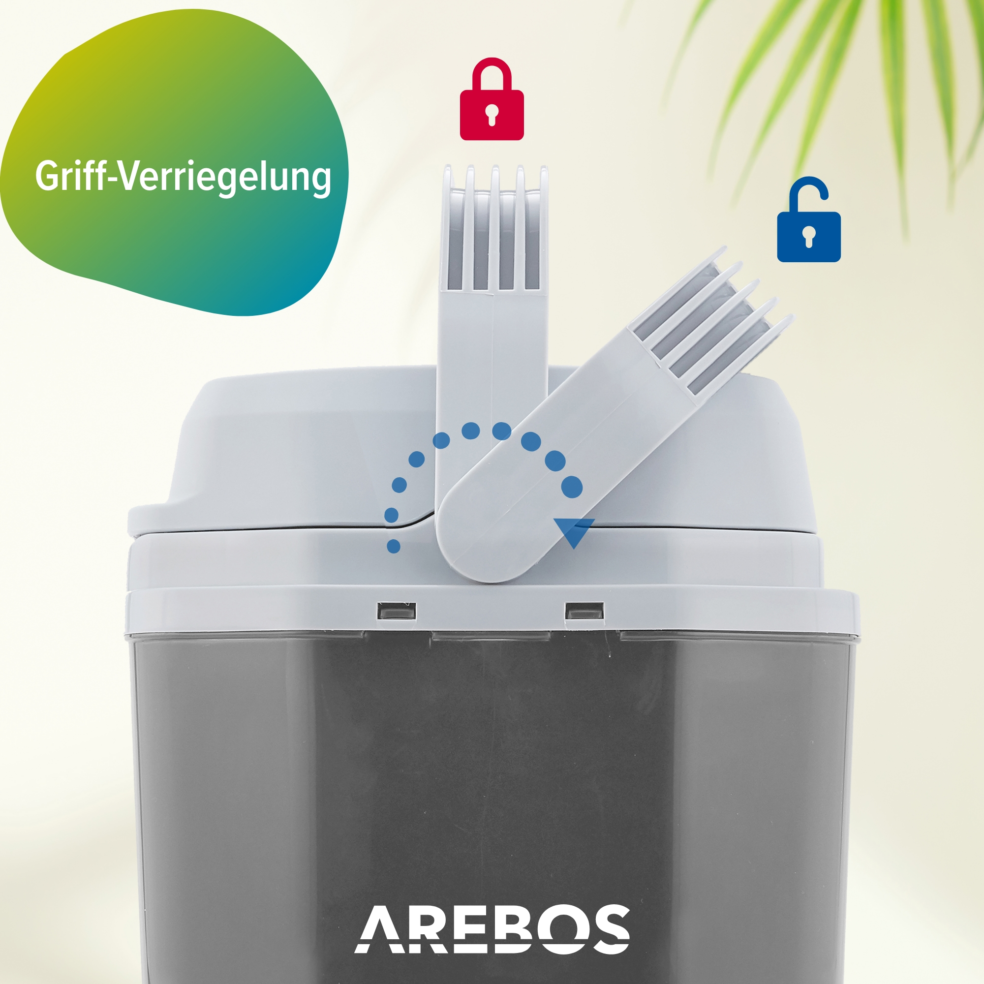 Ein Wasserfilter mit offenem Deckel. Ein rotes Vorhängeschloss-Symbol ist verriegelt, und ein blaues, entriegeltes Vorhängeschloss ist abgebildet.