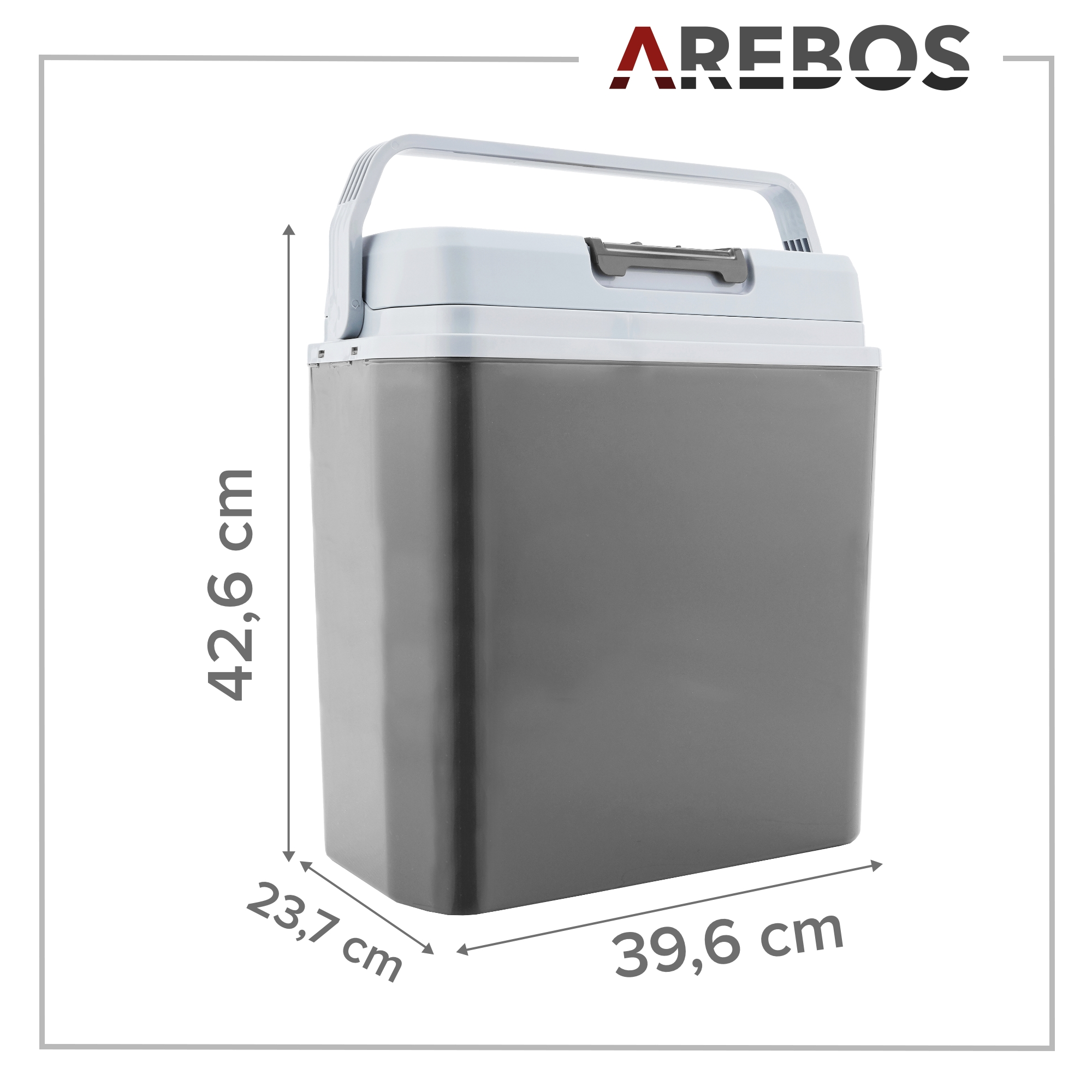 Grau-weißer tragbarer Kühlschrank mit Abmessungen und dem Arebos-Logo.