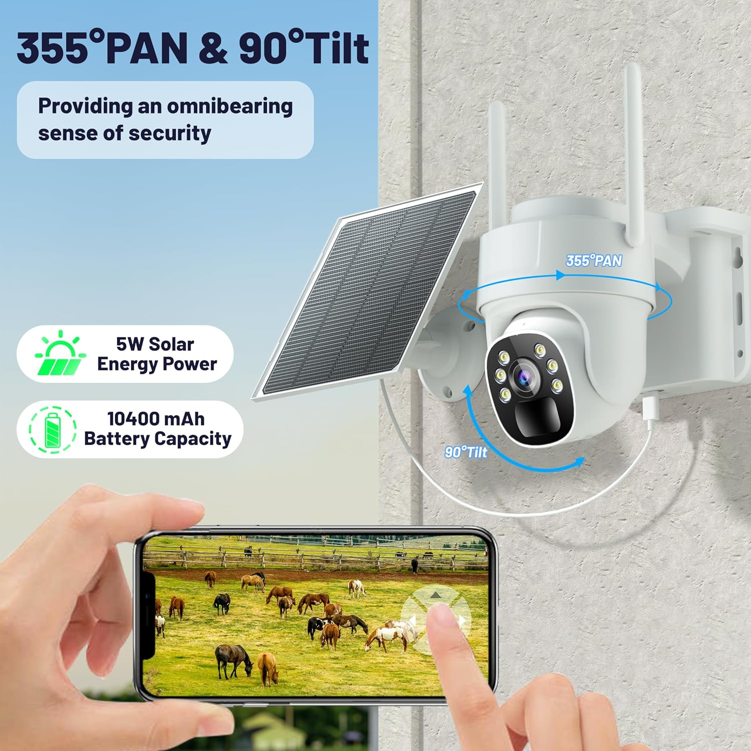 Cámara de seguridad blanca con panel solar. Un teléfono muestra una imagen de caballos. Texto: 355° Panorámica y 90° Inclinación.