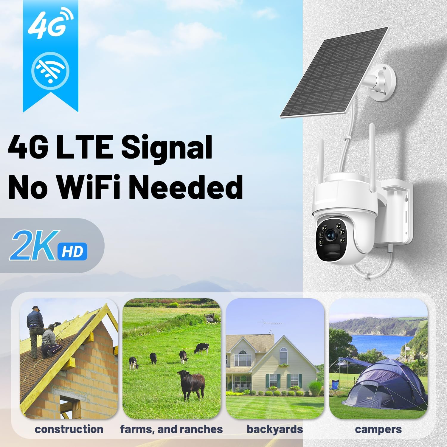 Una imagen con texto sobre la señal 4G LTE, cámara de seguridad con panel solar y otras imágenes.