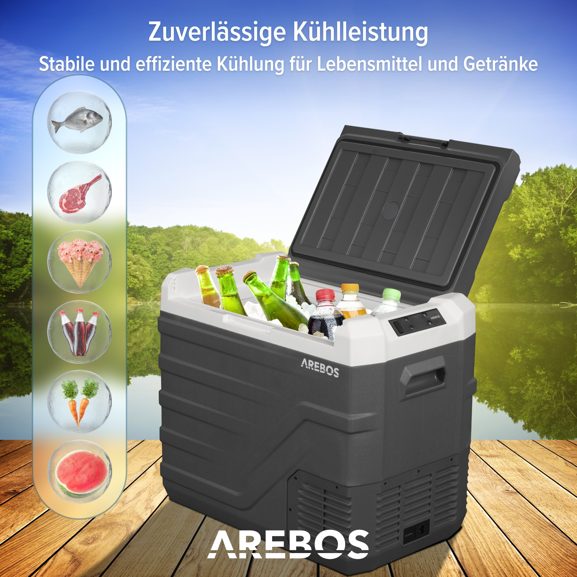 Schwarz-weiße tragbare Kühlbox mit Getränken und Essen, in natürlicher Umgebung.