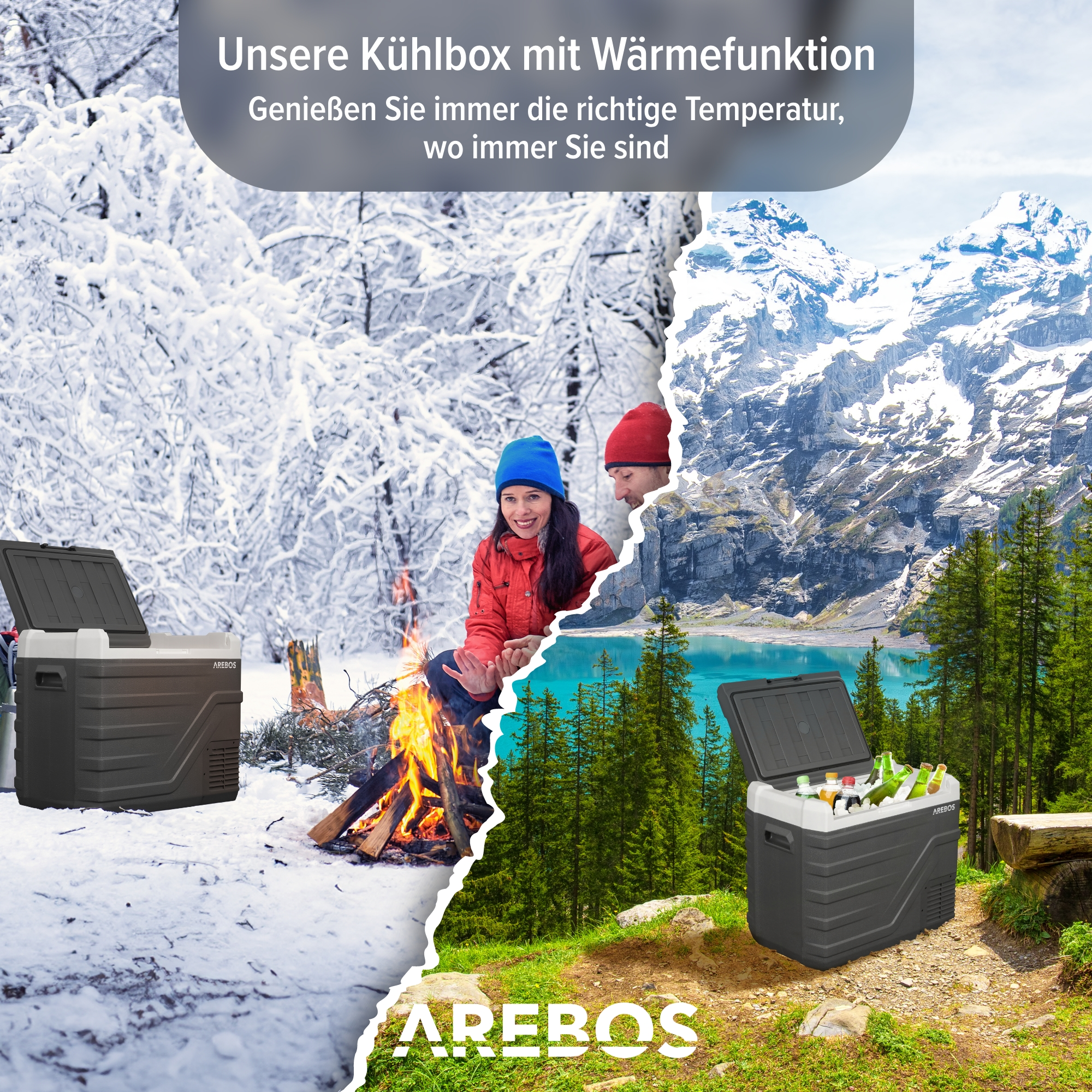 Kühler im Winter und Sommer. Menschen am Lagerfeuer und am See.