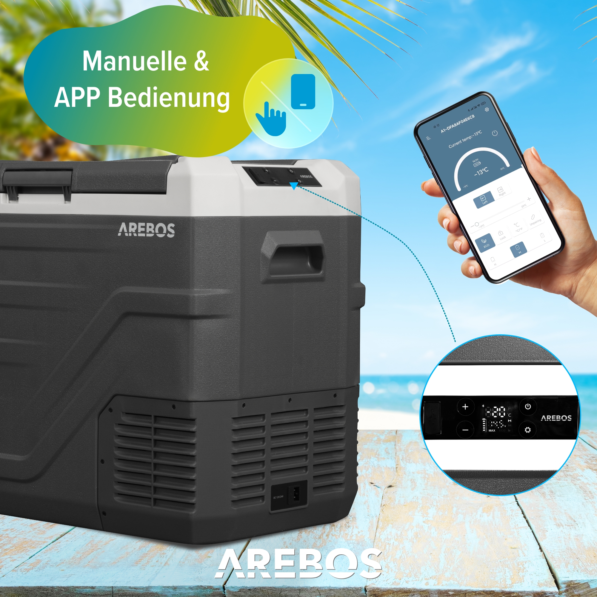 Schwarz-graue Kühlbox mit mobiler App-Oberfläche auf dem Telefon. Strandszene und Palmenblätter im Hintergrund.