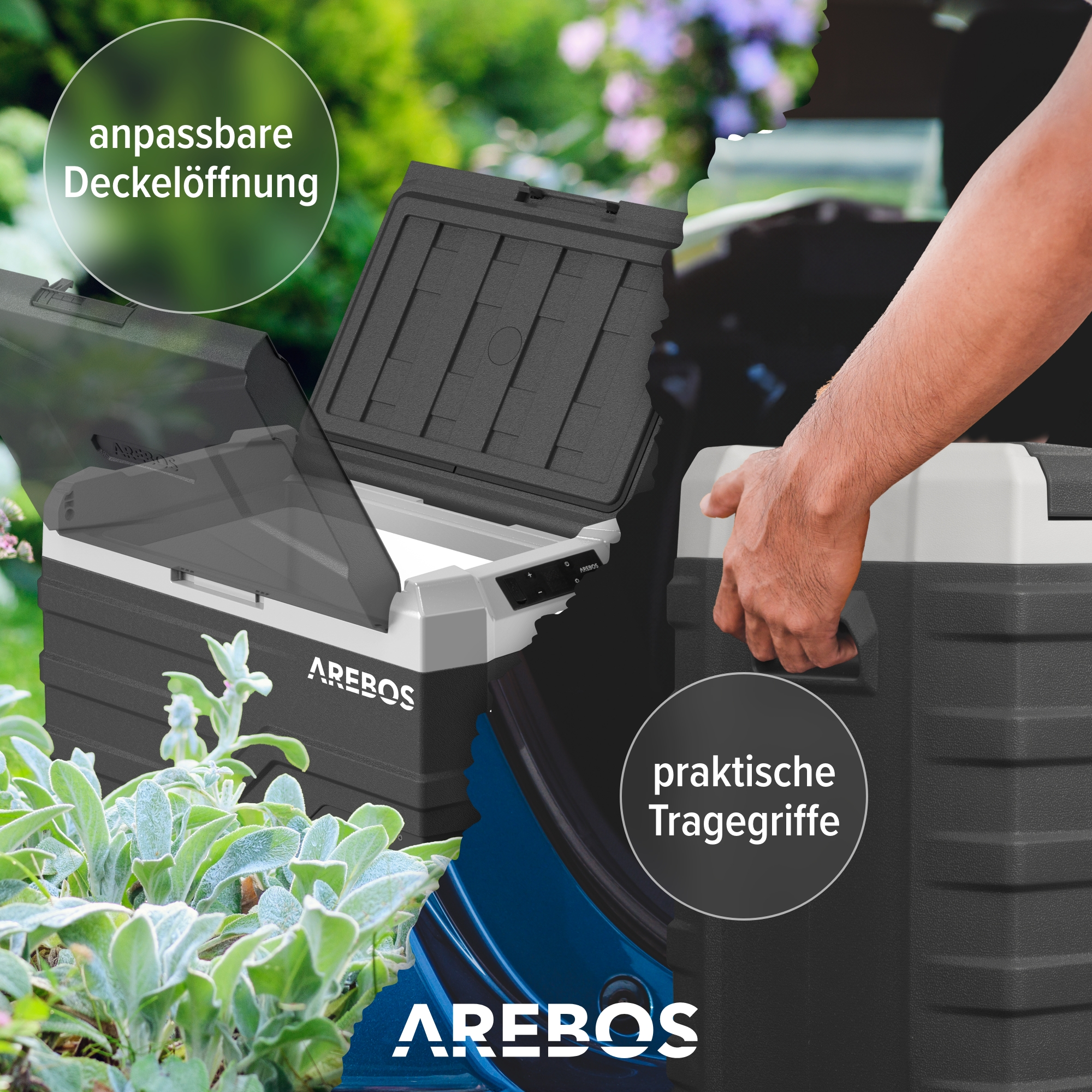 Eine schwarz-weiße Kühlbox mit offenem Deckel. Eine Hand hält den Griff.