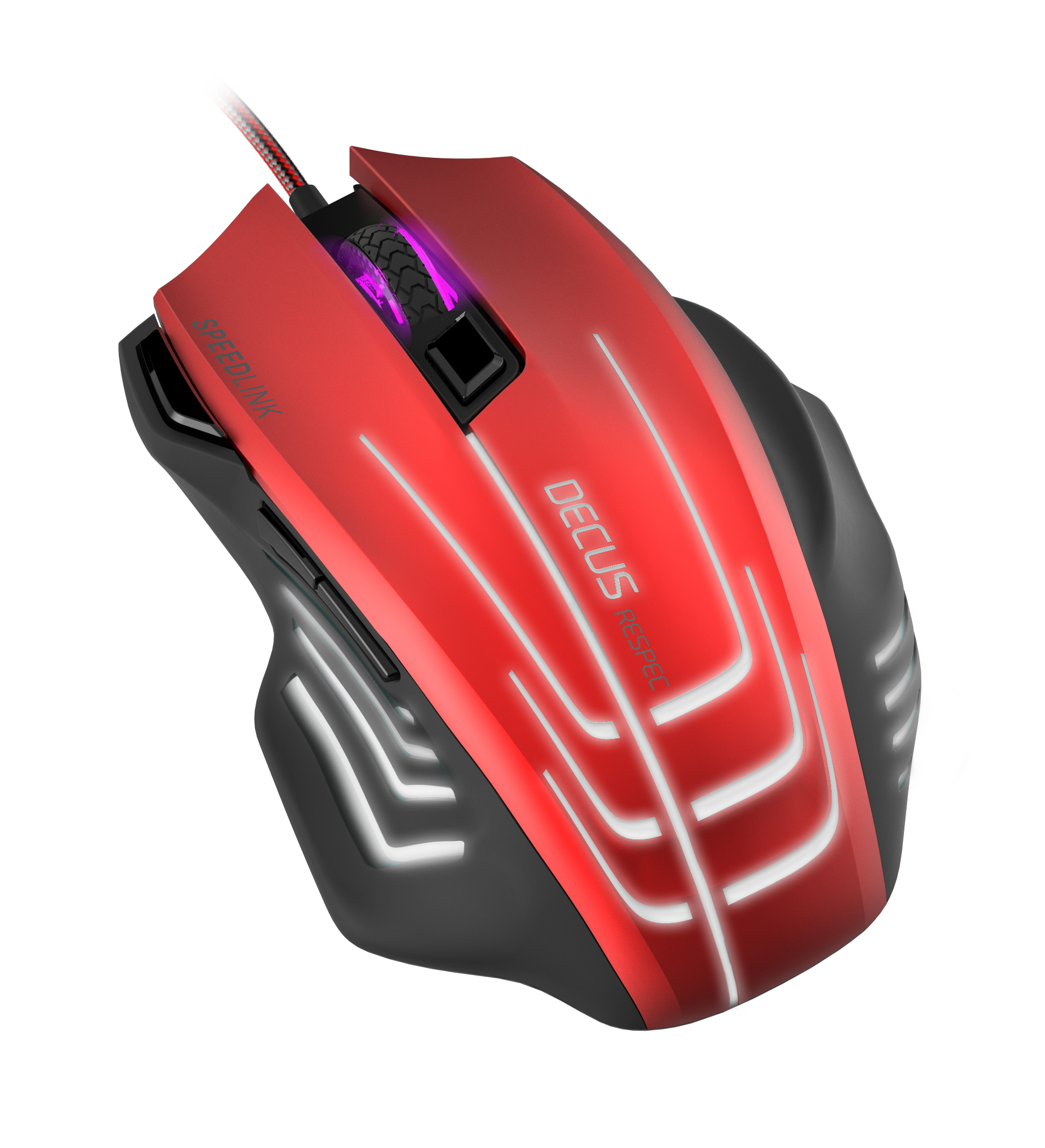 Un mouse da gioco rosso con luci bianche e viola. Il marchio 'DECLUS' è stampato su di esso.