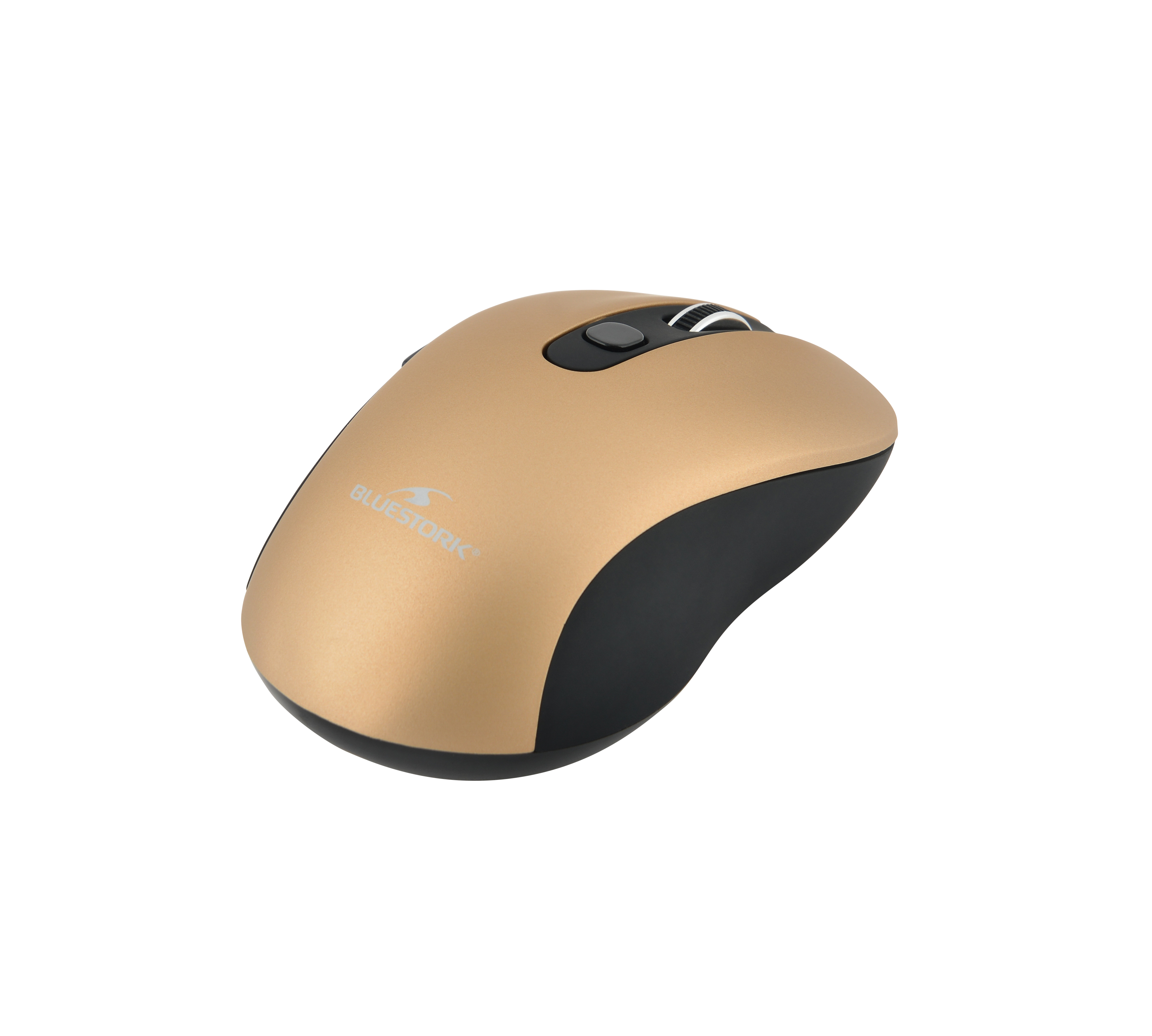 Mouse dorato con dettagli neri, marchio Bluestork, su superficie bianca.