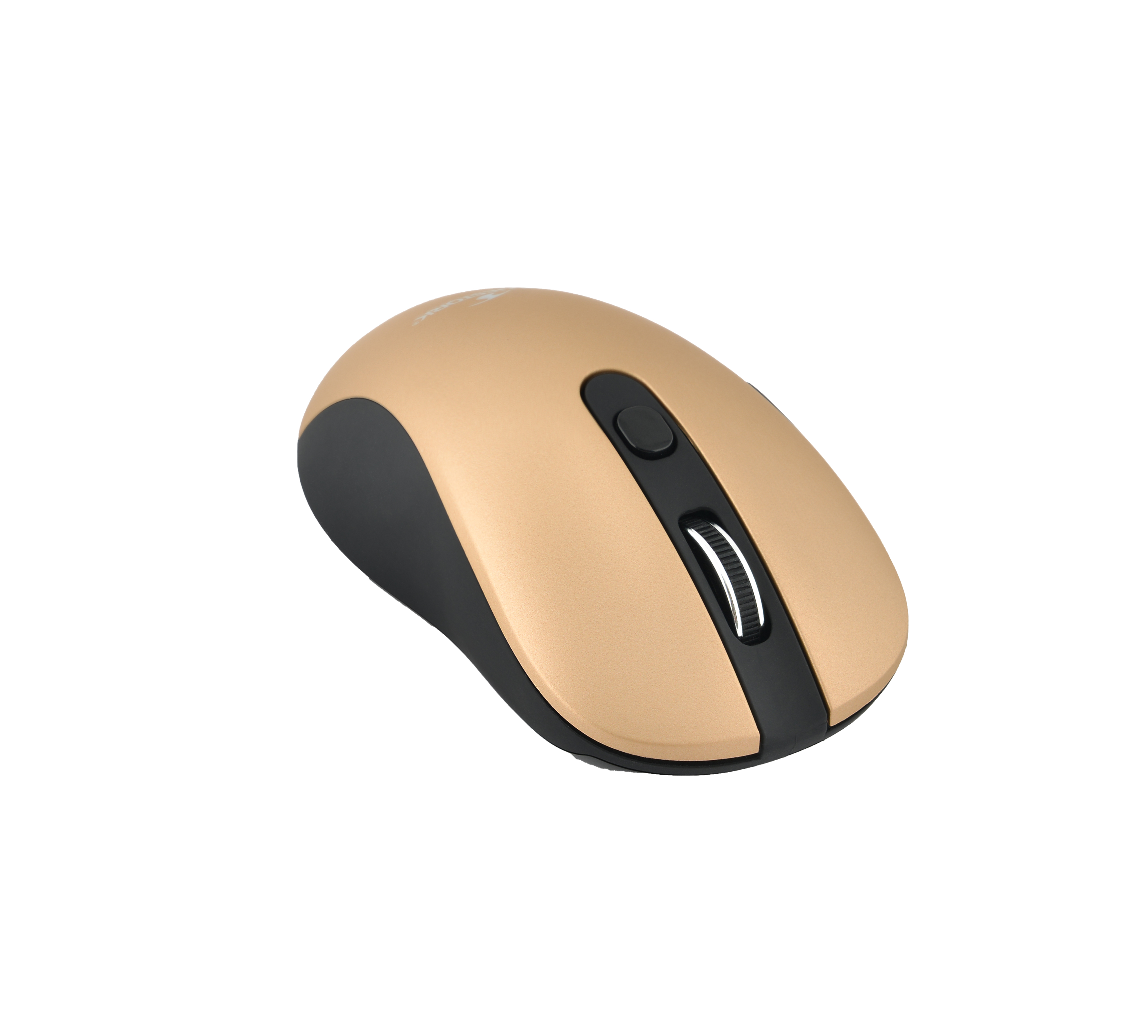 Mouse wireless dorato con dettagli neri su sfondo bianco. Sono visibili la rotella e i pulsanti.