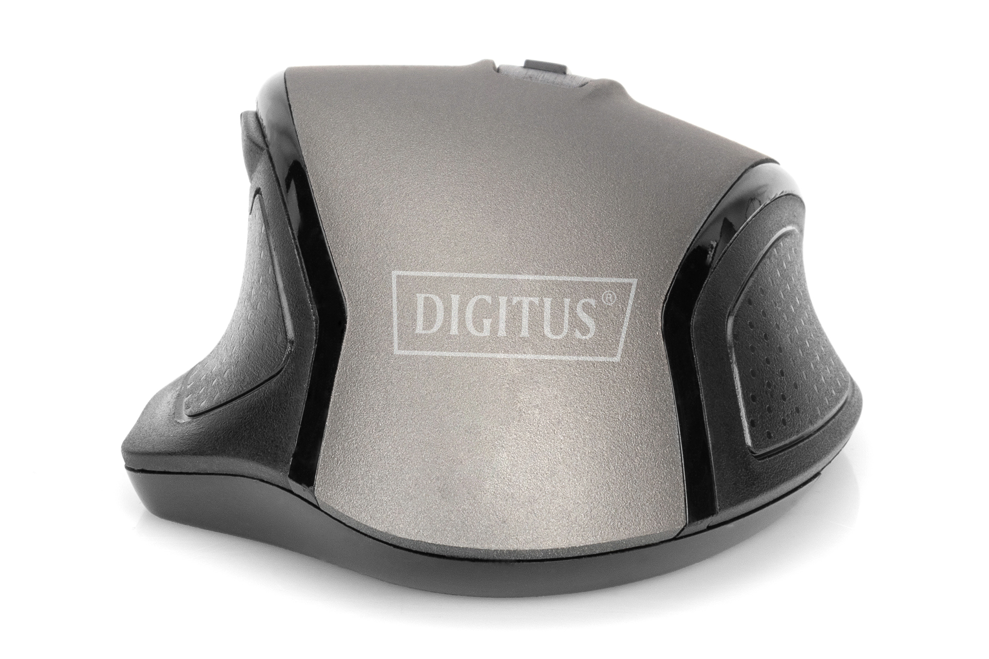 Mouse grigio con lati neri. Il marchio "DIGITUS" è stampato sulla superficie superiore.