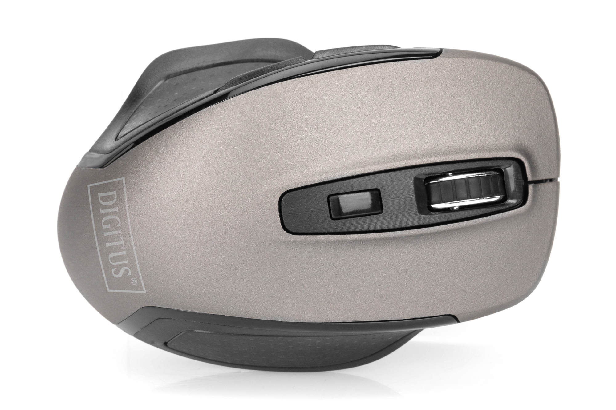 Mouse ergonomico grigio con dettagli neri. Il logo Digit us è sul lato sinistro.