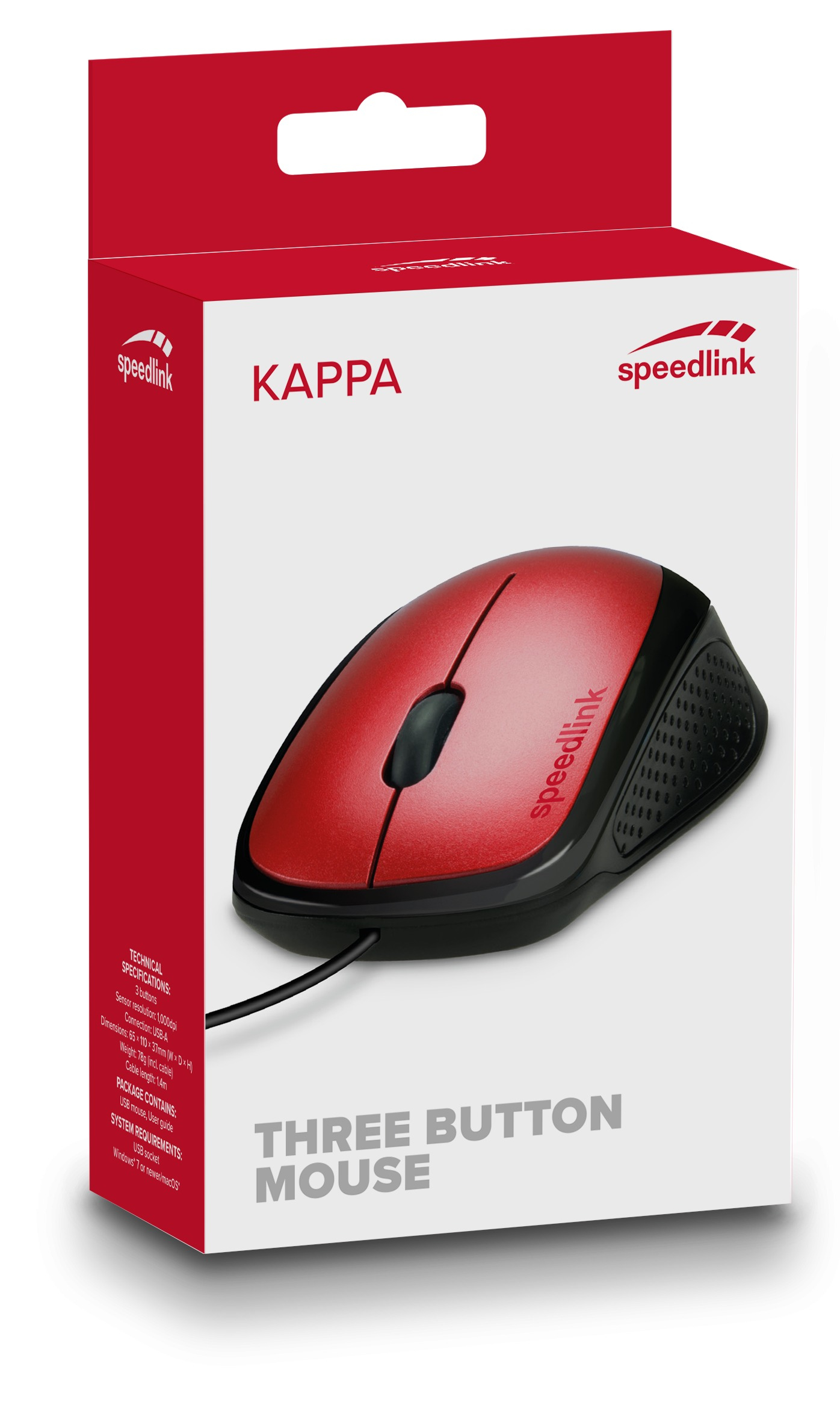 Rote und schwarze Speedlink Kappa Mausbox, die eine rote Maus mit schwarzem Knopf und schwarzer Seite zeigt.
