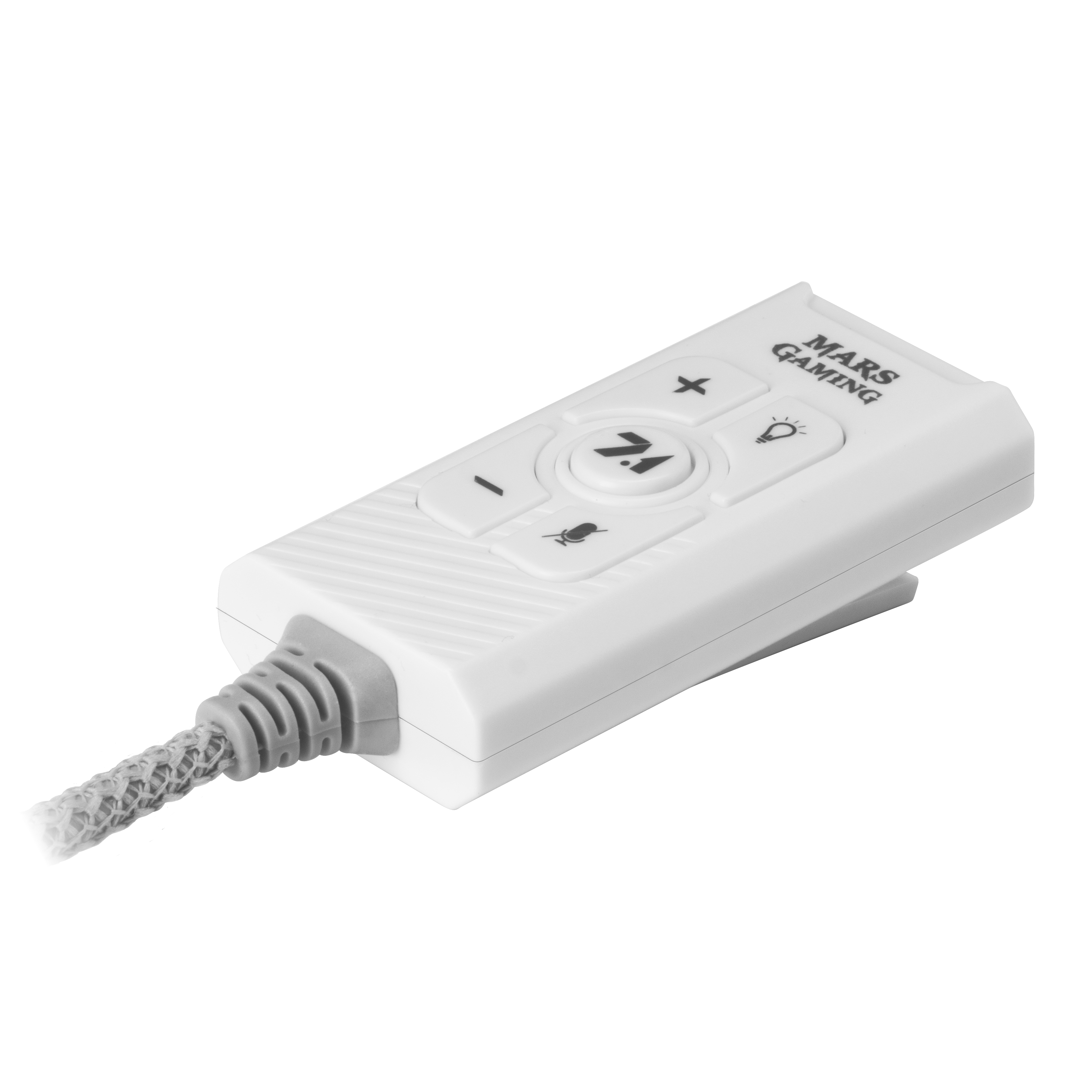 Un panel de control blanco para auriculares gaming, con varios botones y un cable trenzado gris.