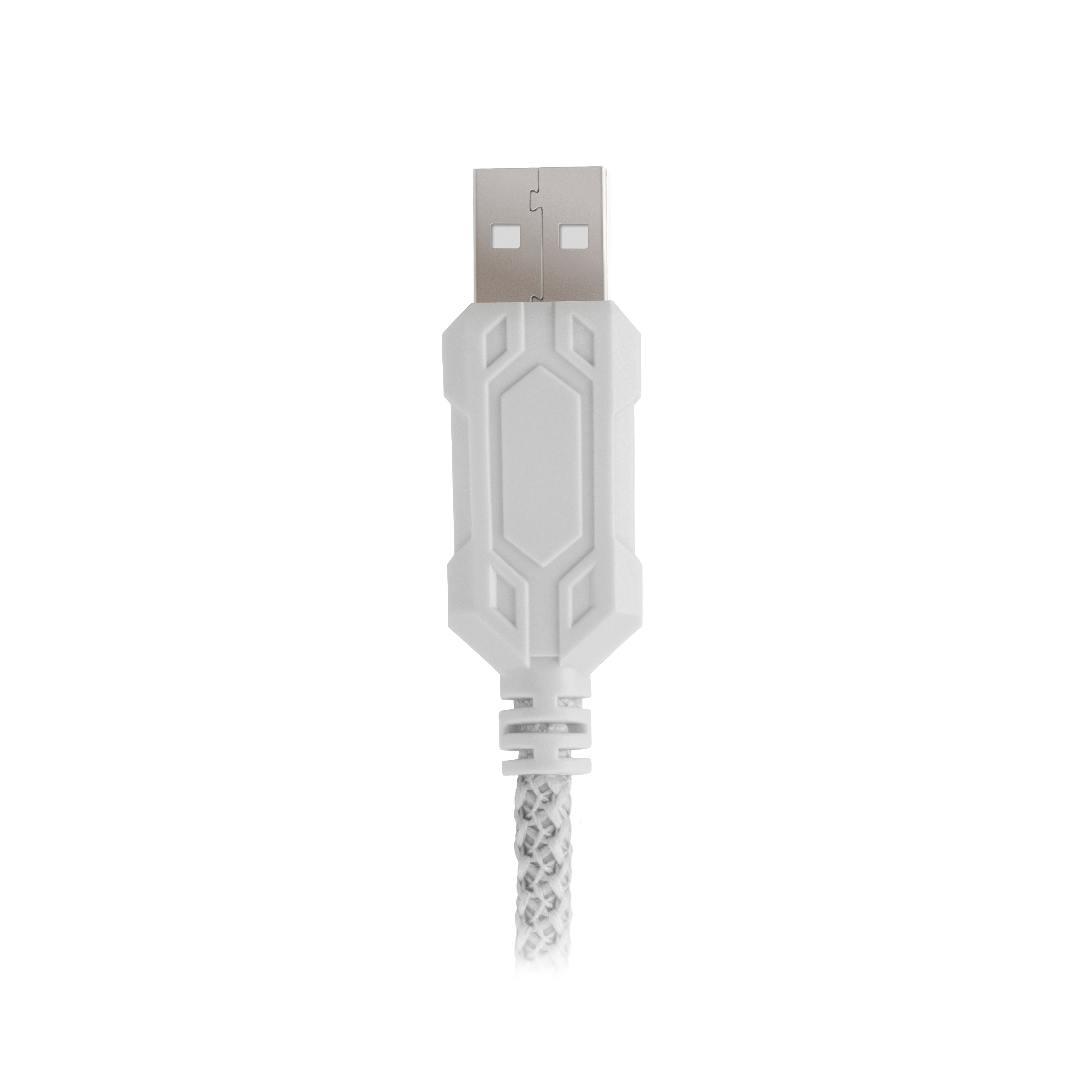 Cable USB blanco con diseño geométrico en el conector y cable texturizado.