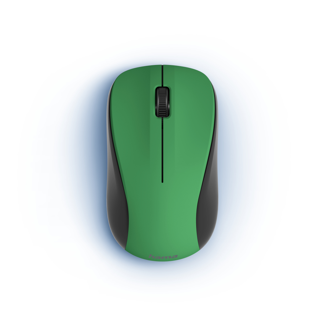 Un mouse per computer verde e nero su una superficie bianca. Il mouse ha una rotellina e il logo 'hama'.