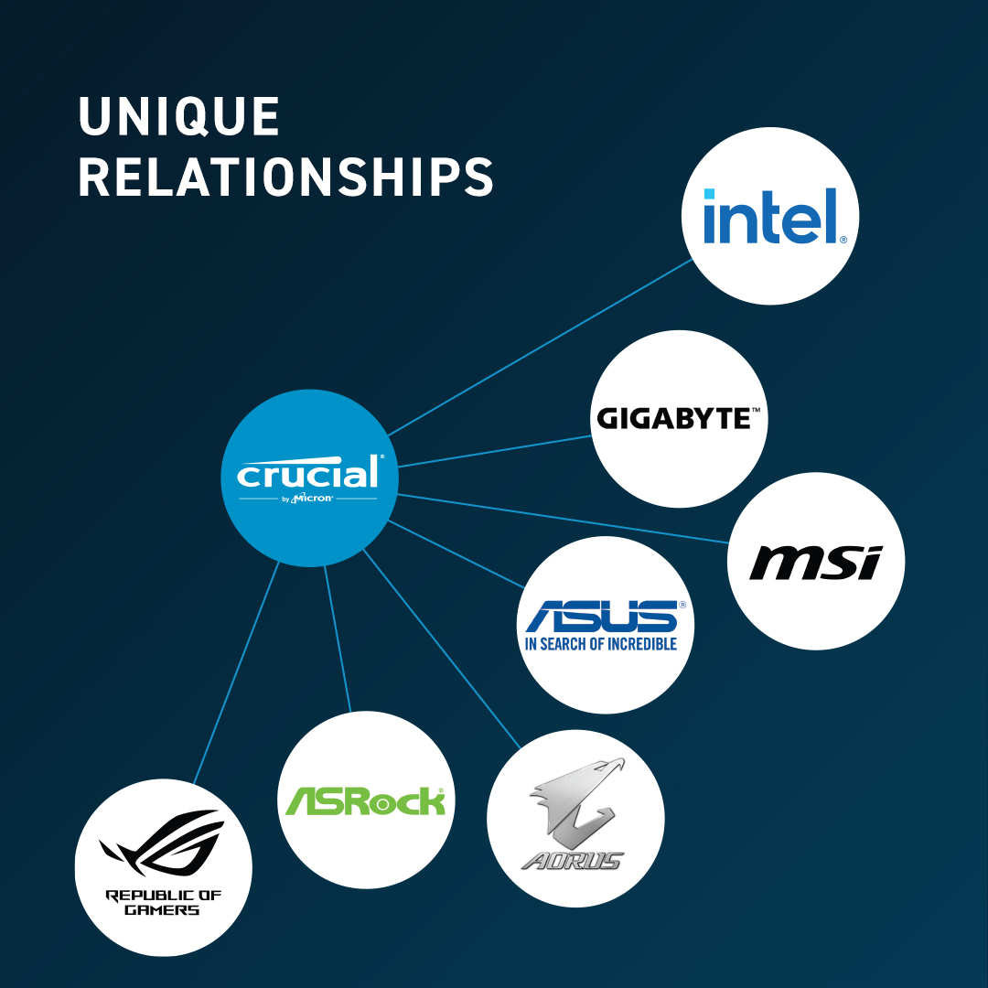 Diagram pokazujący relacje między Crucial a Intel, Gigabyte, MSI, Asus, Aorus, Asrock.