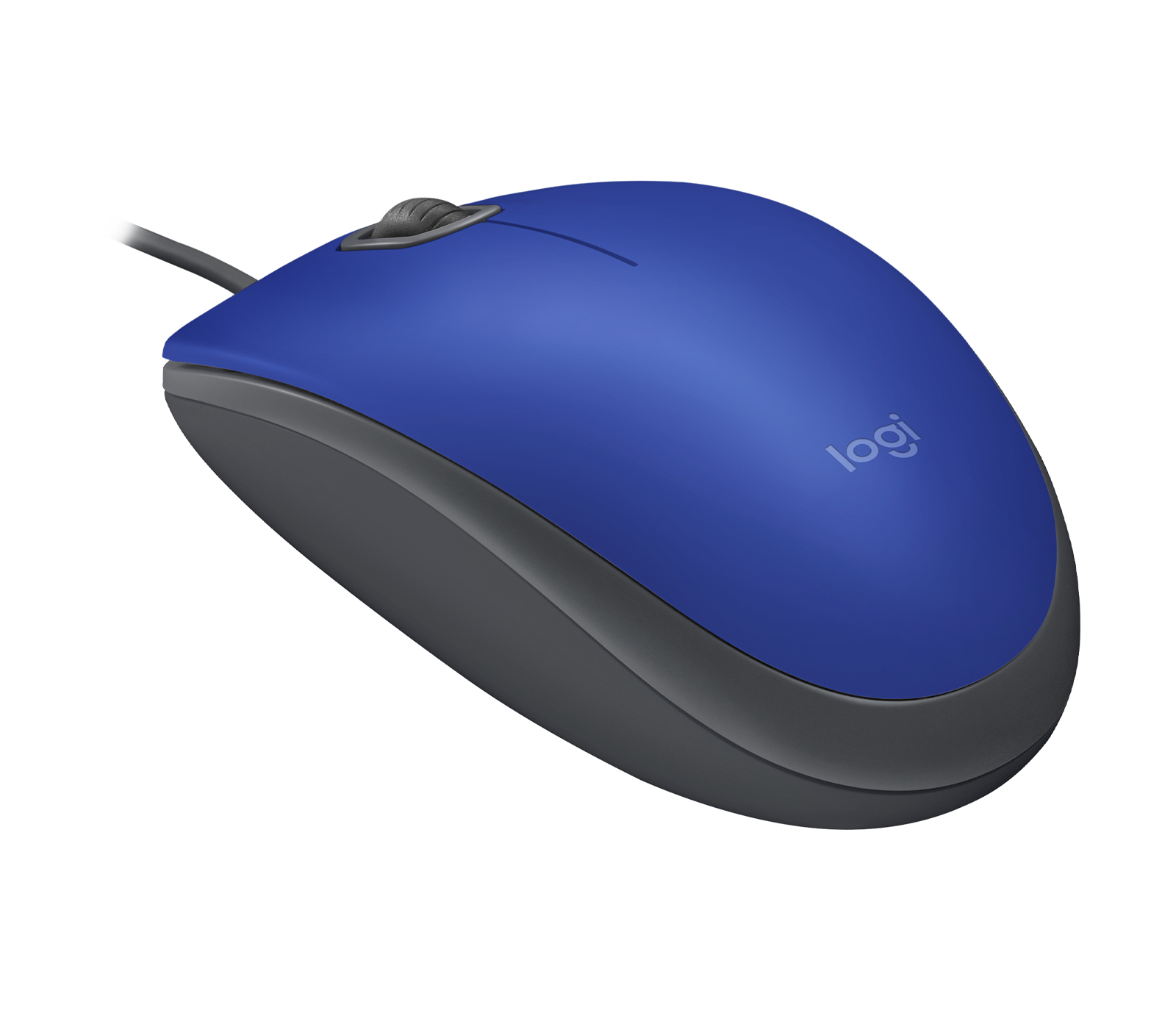 Blaue und graue Maus mit Kabel. Der Markenname „logi“ ist sichtbar.