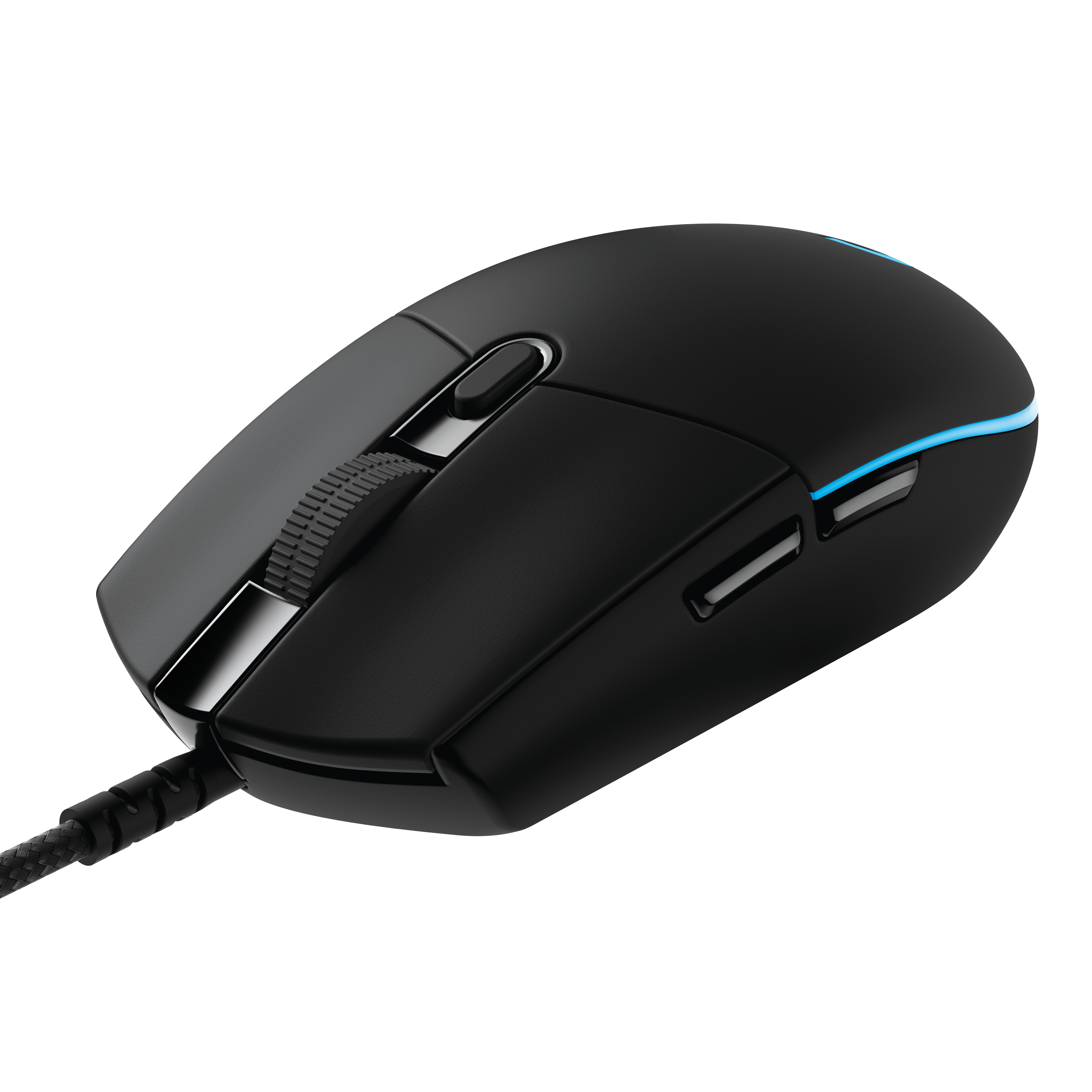 Schwarze Gaming-Maus mit blauen Akzenten und Scrollrad, verbunden mit geflochtenem Kabel.